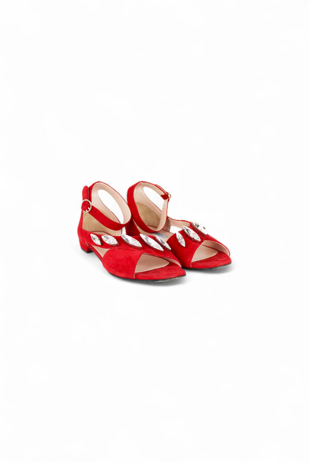 Red Suede Flat Sandals with Maxi Crystal Decoration SS2014