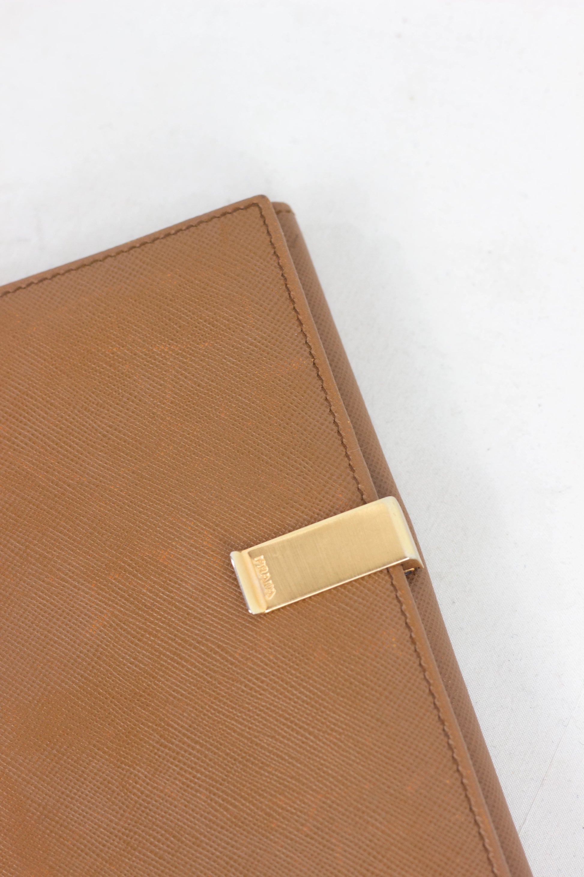 Brown Saffiano Leather Wallet with Gold Clip Closure