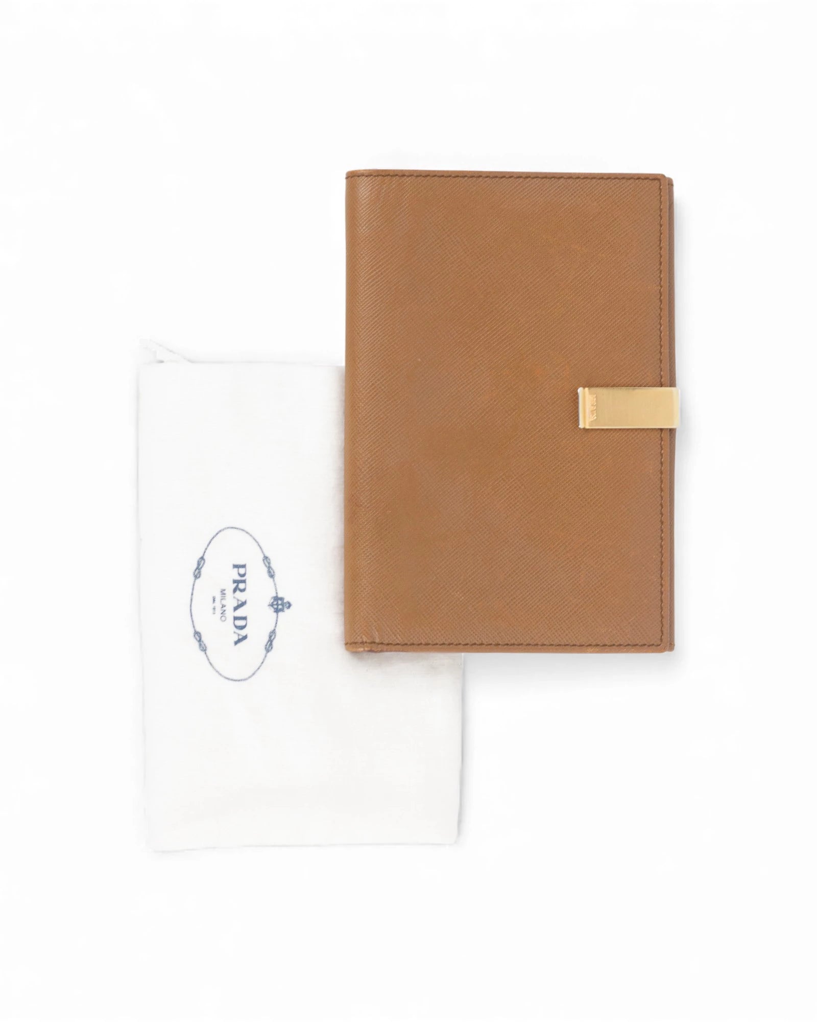 Brown Saffiano Leather Wallet with Gold Clip Closure