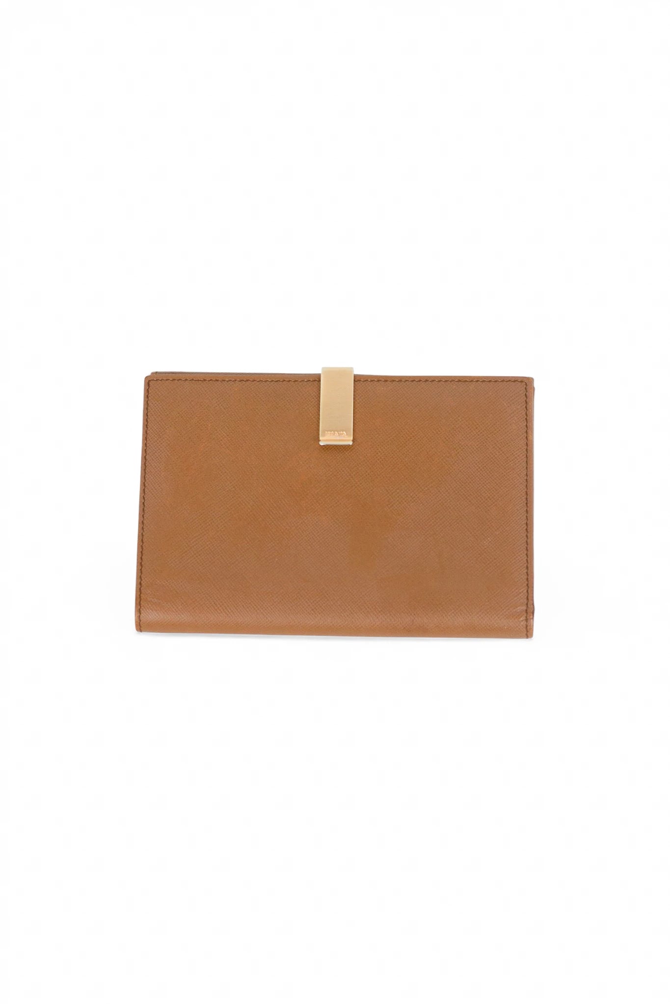 Brown Saffiano Leather Wallet with Gold Clip Closure