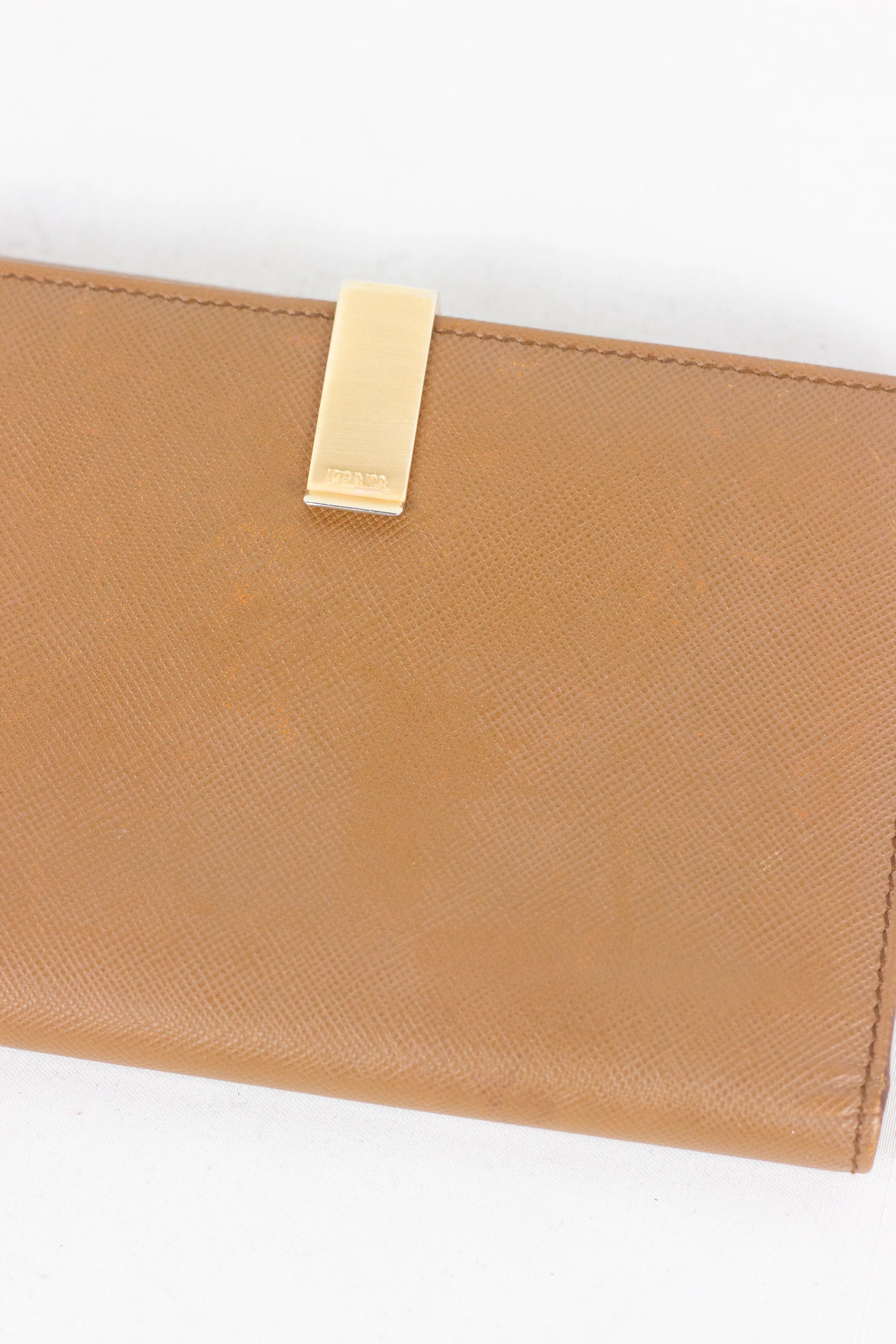 Brown Saffiano Leather Wallet with Gold Clip Closure