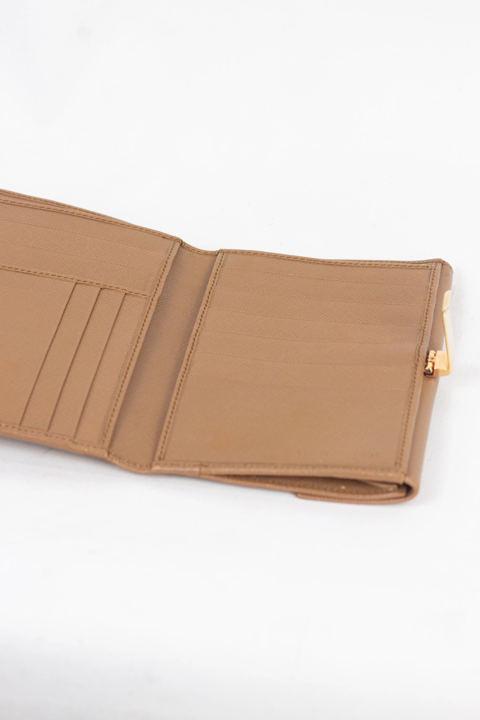 Brown Saffiano Leather Wallet with Gold Clip Closure