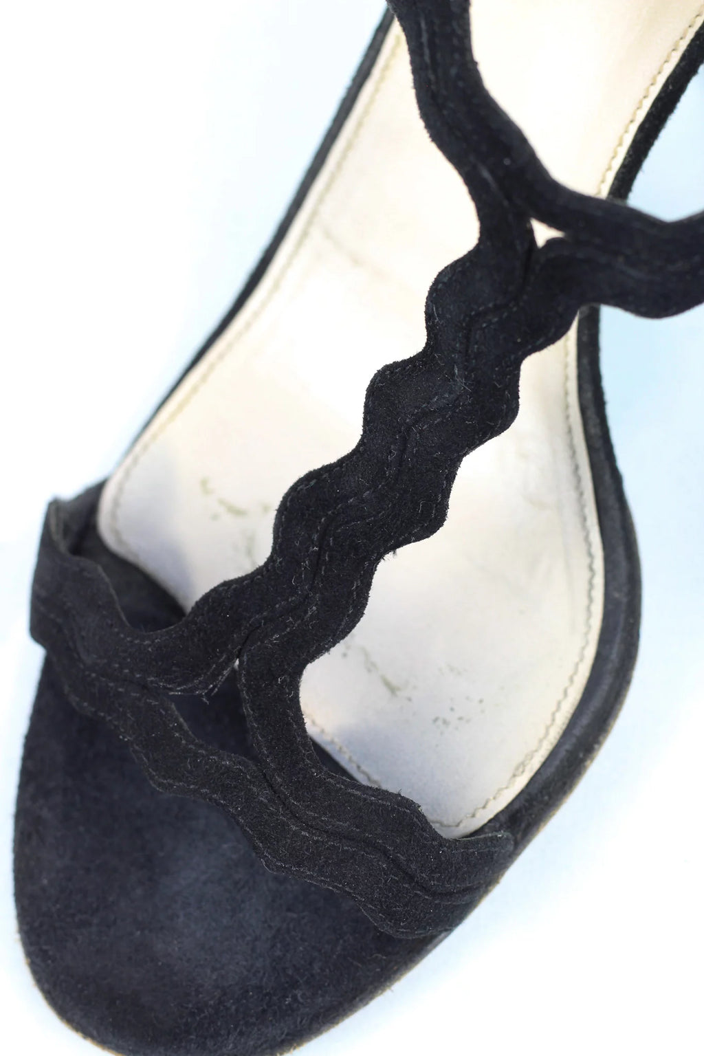 Black Suede Scalloped T-Bar Slingback Heels