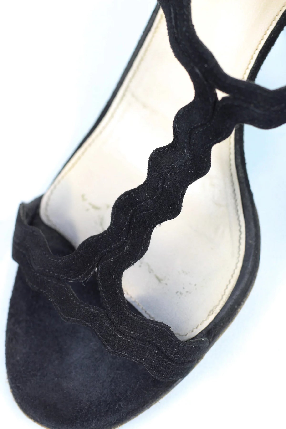 Black Suede Scalloped T-Bar Slingback Heels