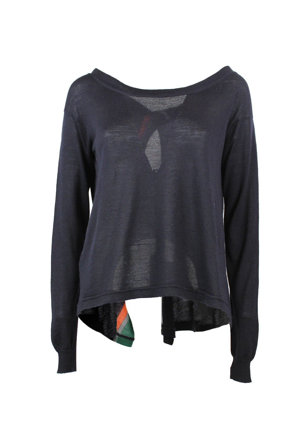 Wool Silk Open Back Sweater with Striped Detail