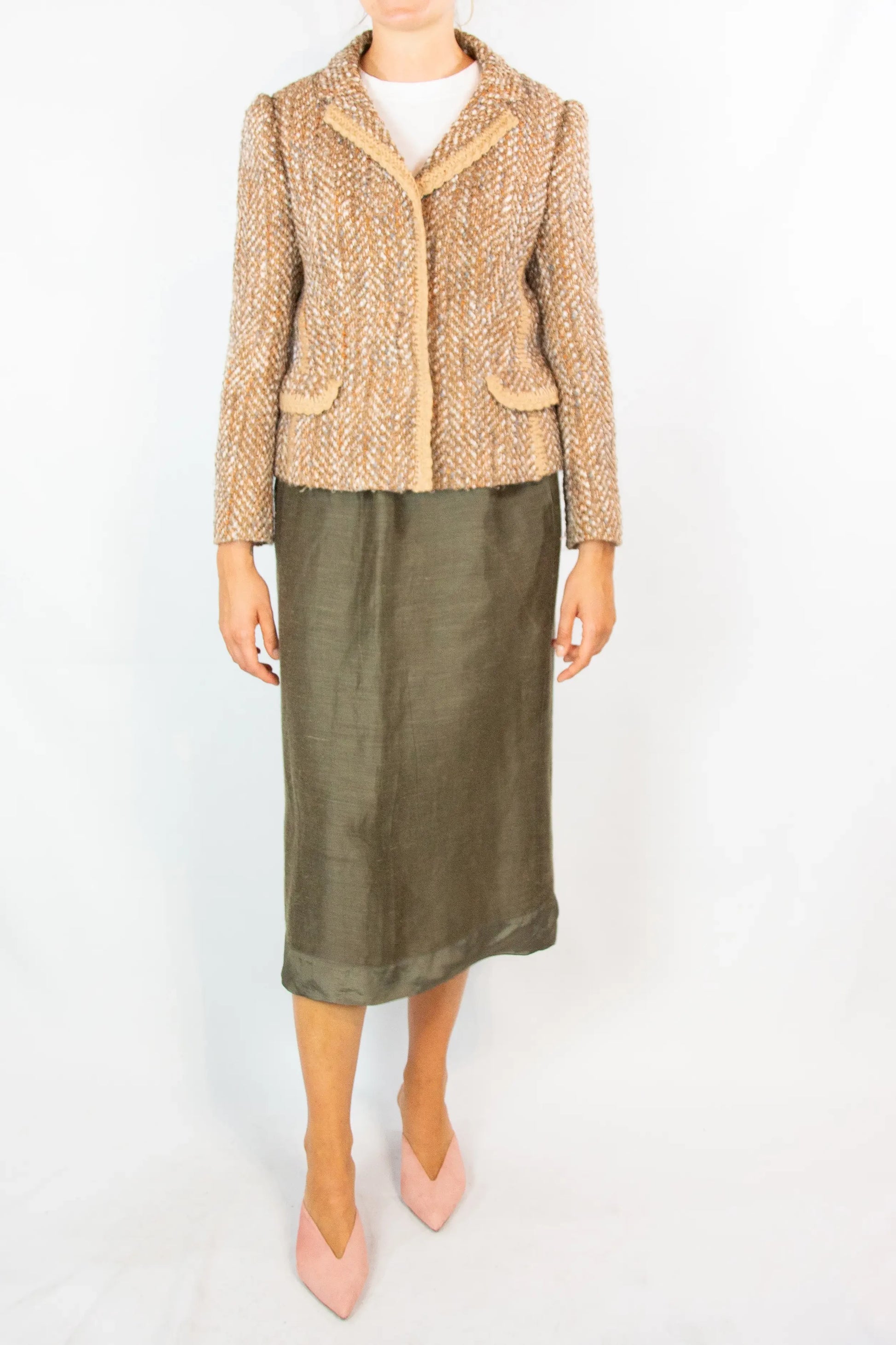 Beige and Pink Tweed Fitted Blazer