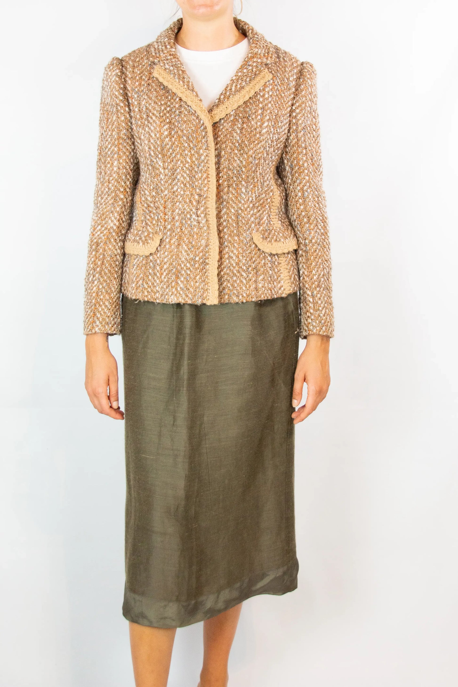 Beige and Pink Tweed Fitted Blazer
