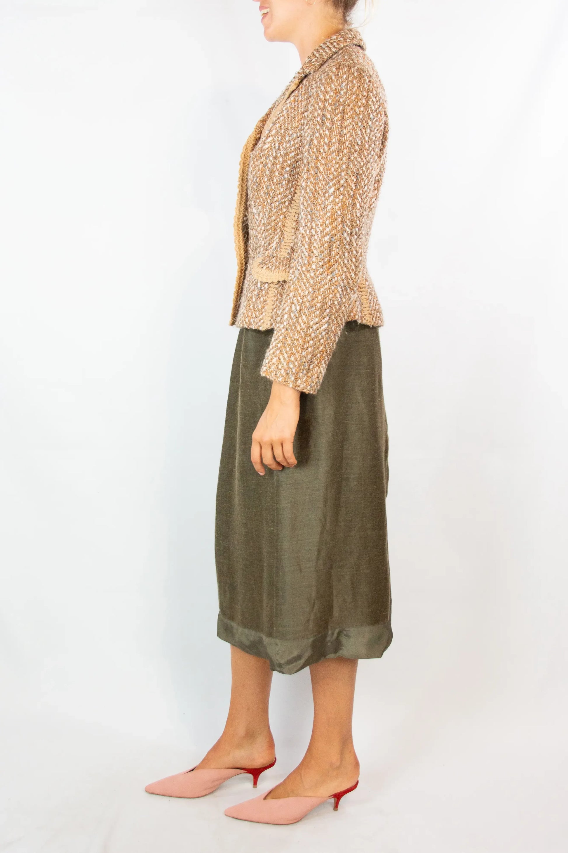 Beige and Pink Tweed Fitted Blazer