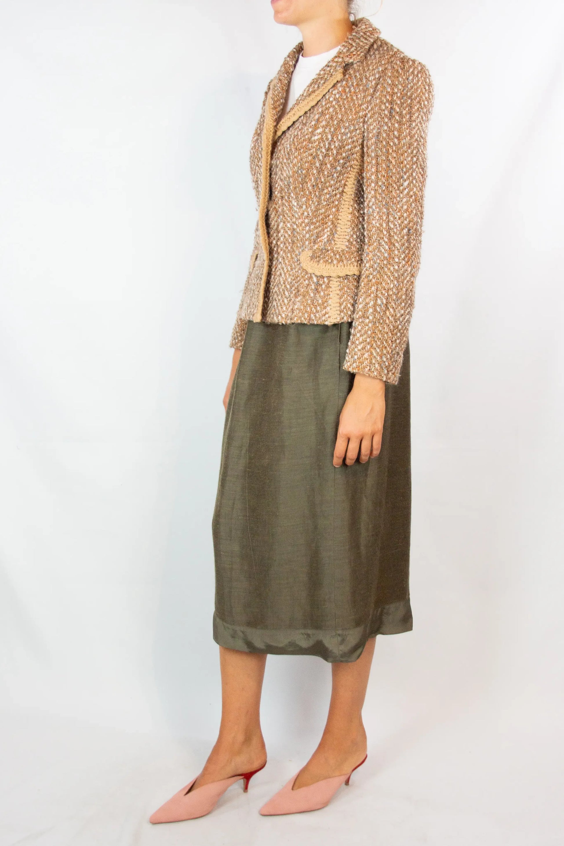 Beige and Pink Tweed Fitted Blazer