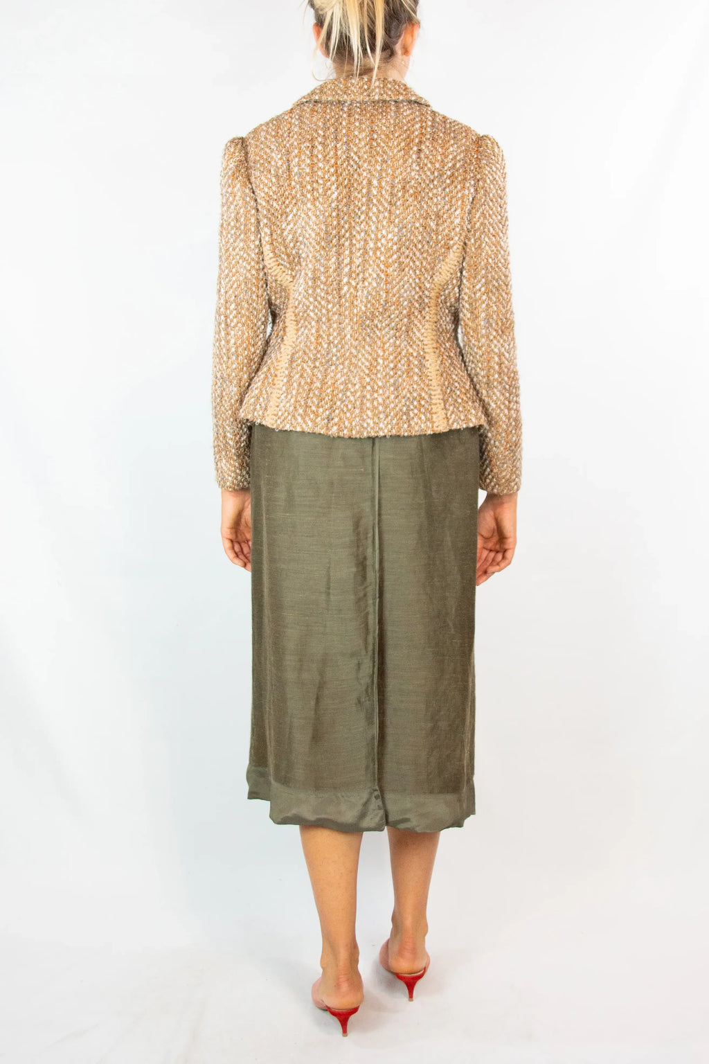 Beige and Pink Tweed Fitted Blazer