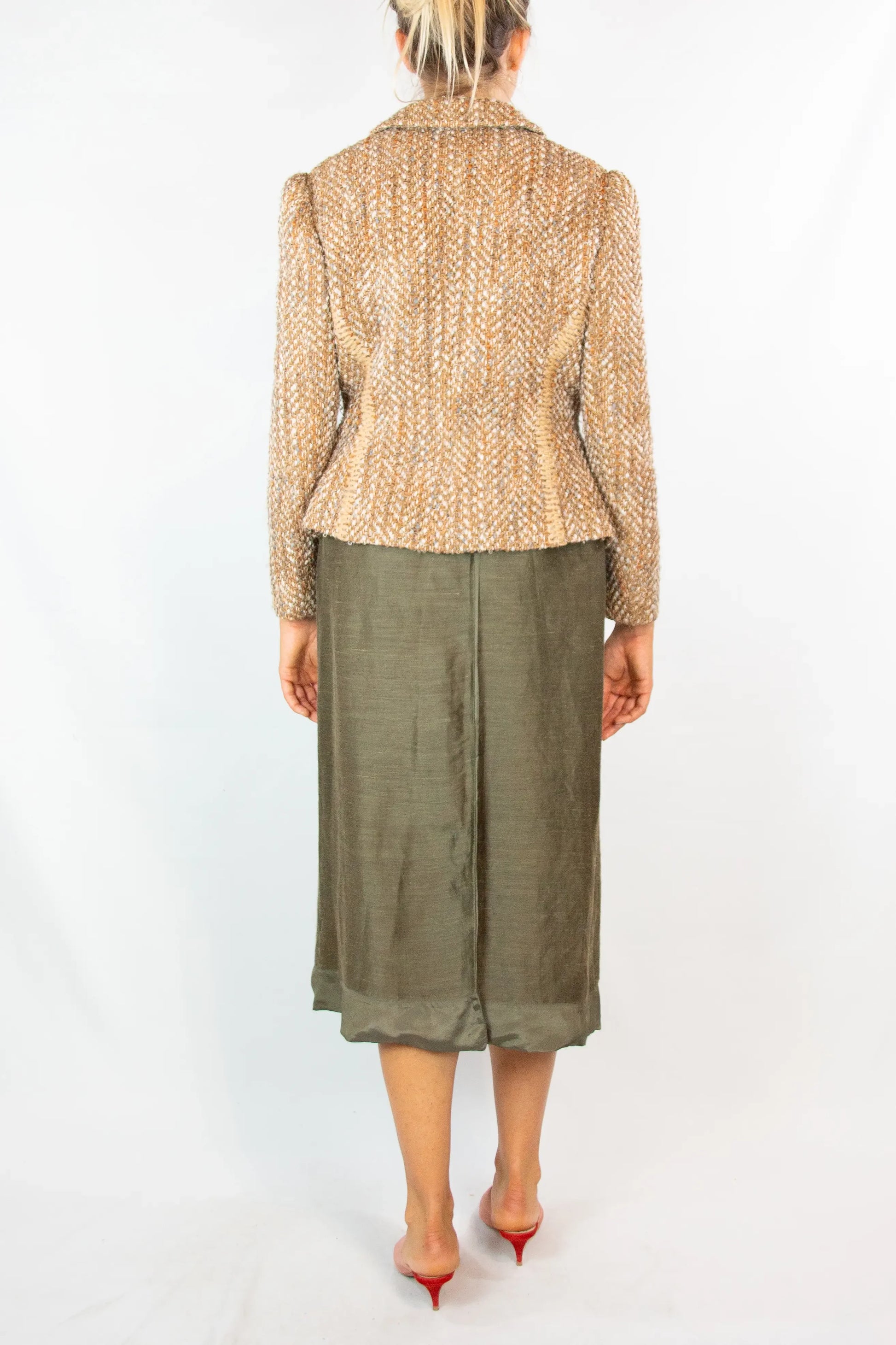 Beige and Pink Tweed Fitted Blazer