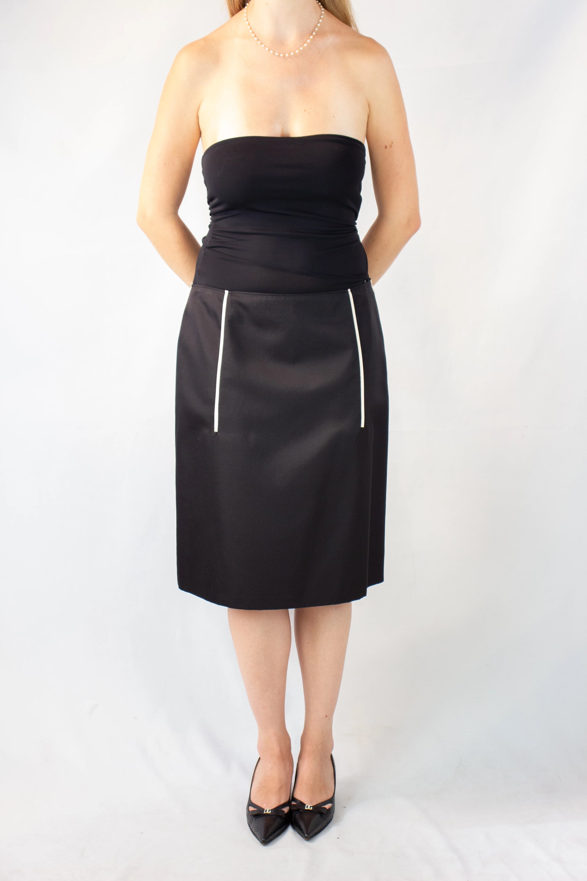 Black Cotton-Silk Skirt with White Line Details SS2016