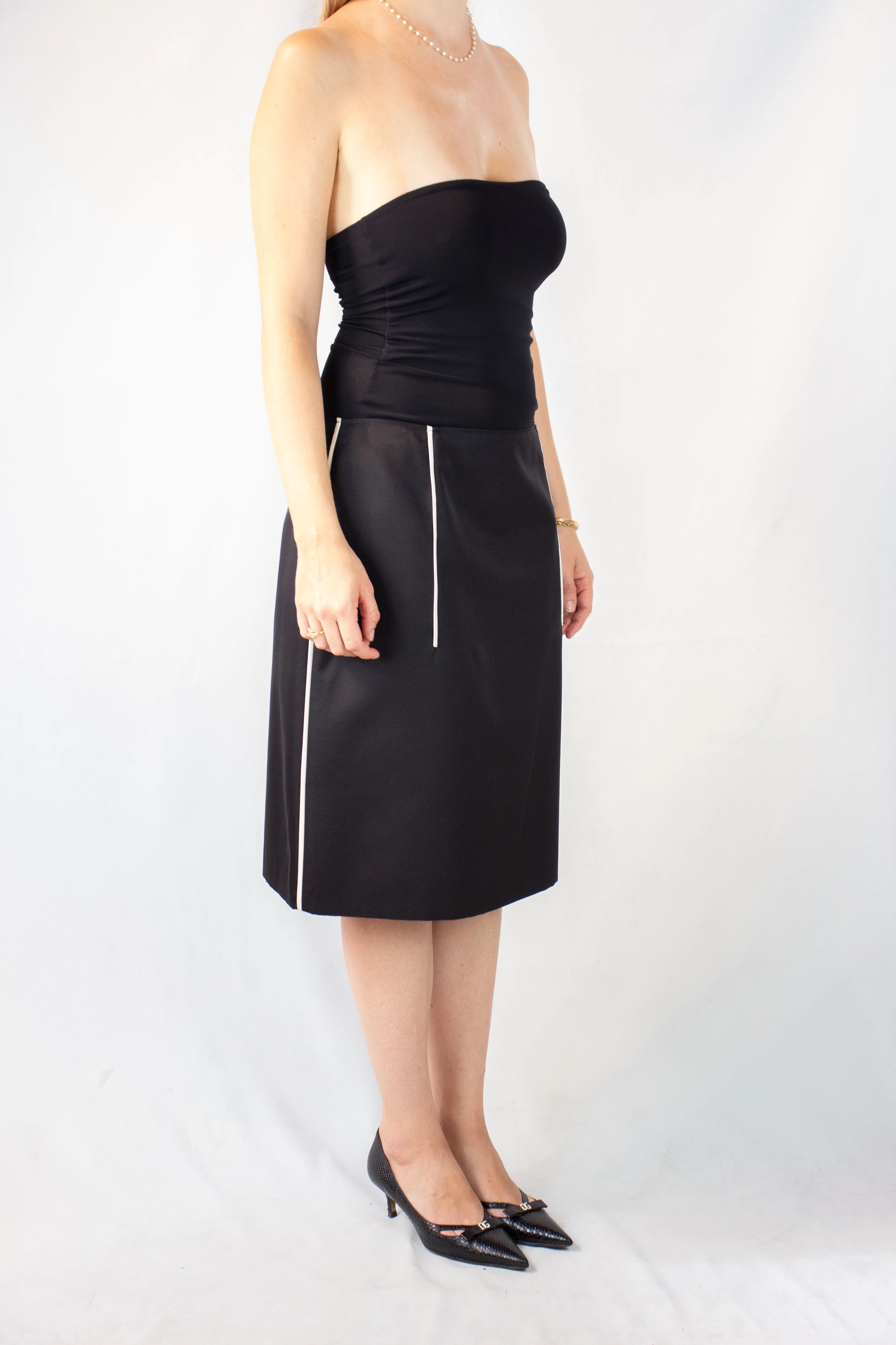 Black Cotton-Silk Skirt with White Line Details SS2016