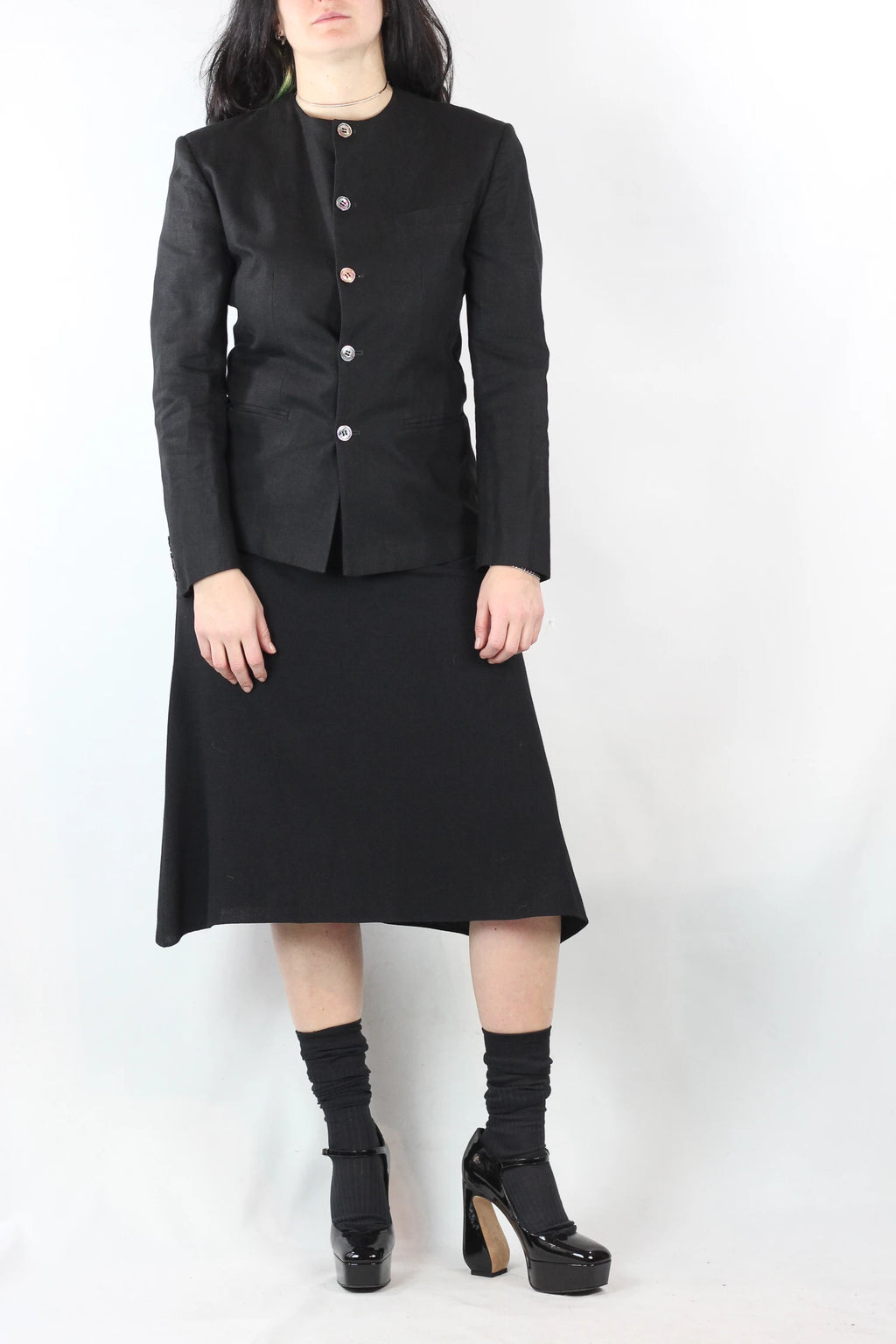 Black Linen Collarless Blazer