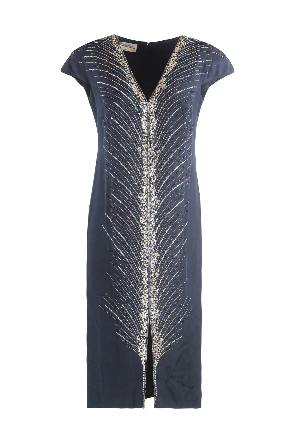 Silky Wool V-Neck Dress with Silver Embroidery