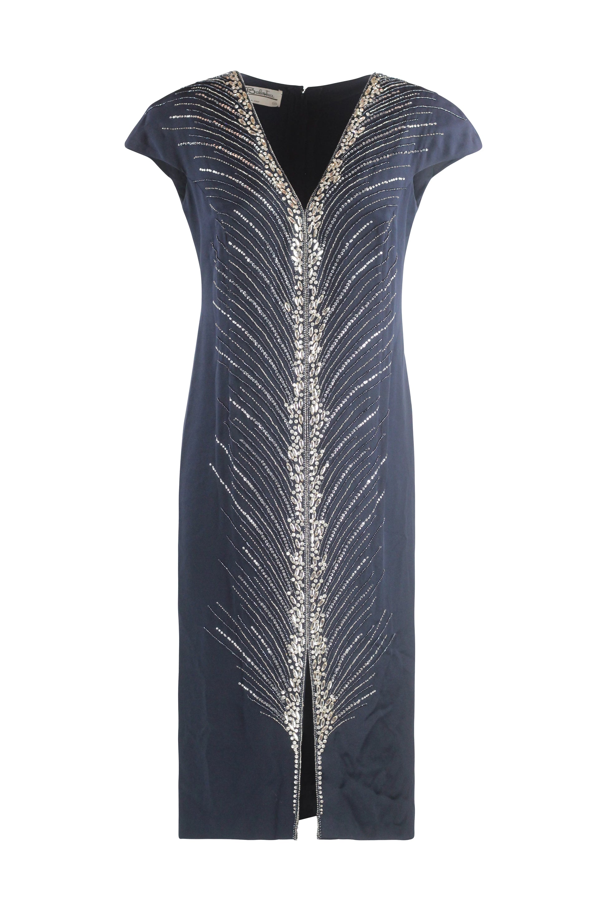 Silky Wool V-Neck Dress with Silver Embroidery