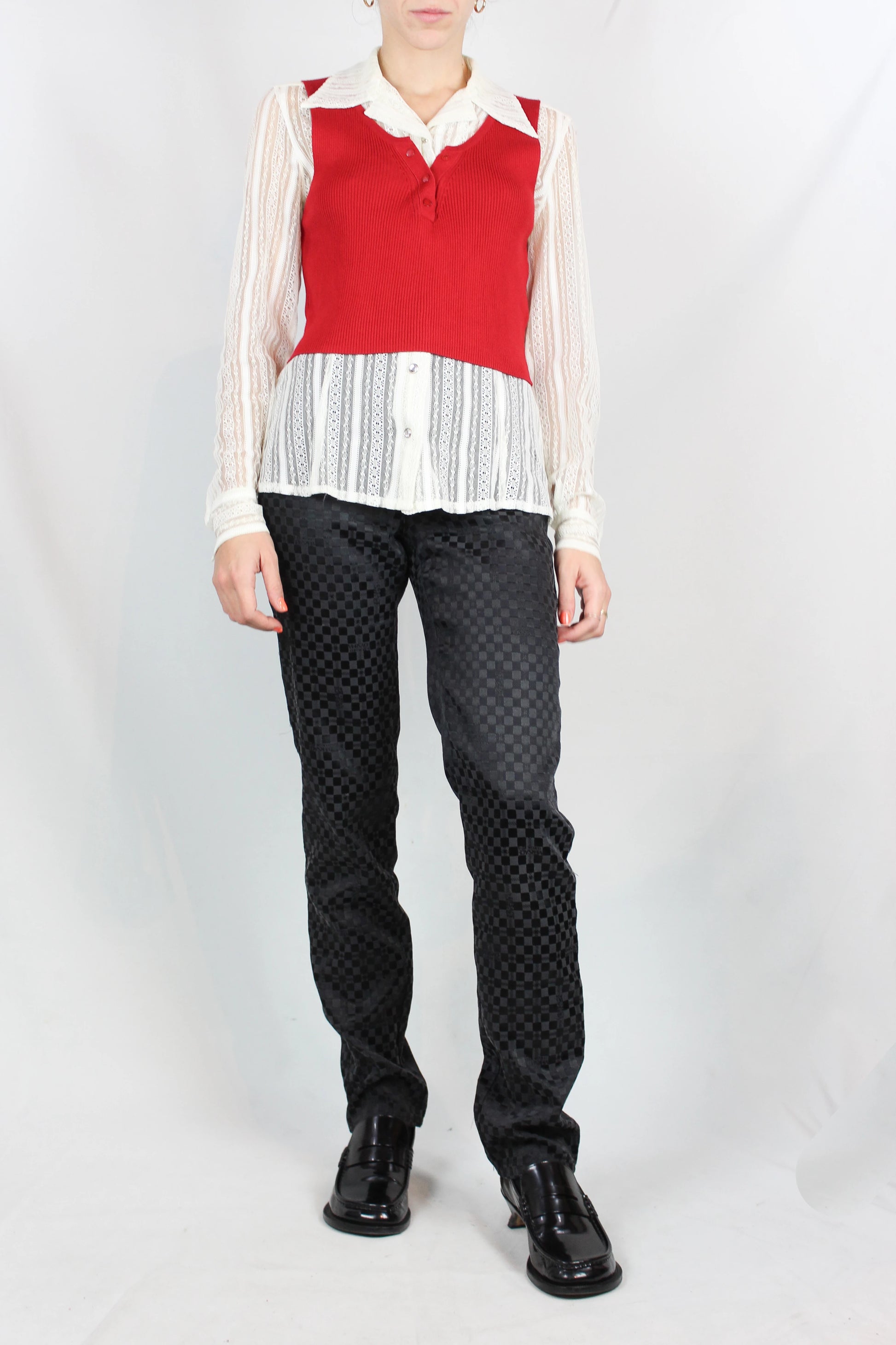 Red Ribbed Sleeveless V-Neck Top