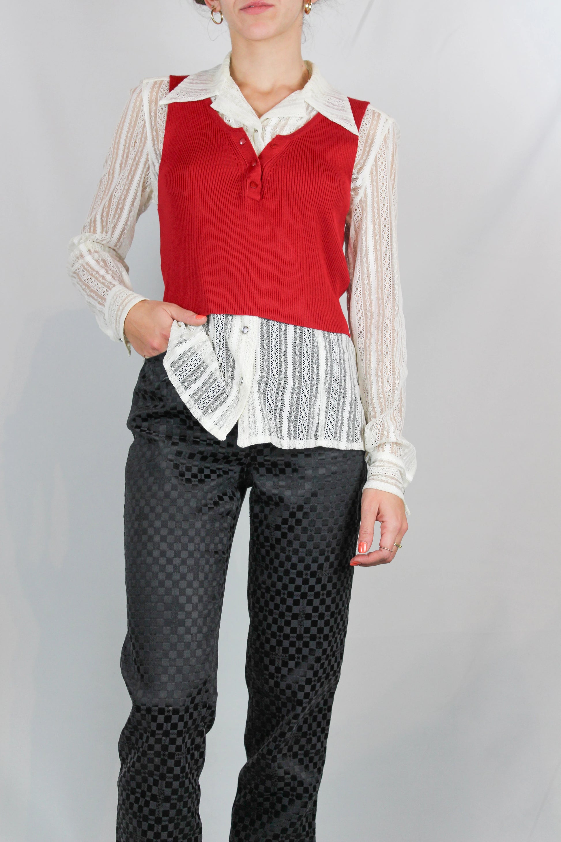 Red Ribbed Sleeveless V-Neck Top