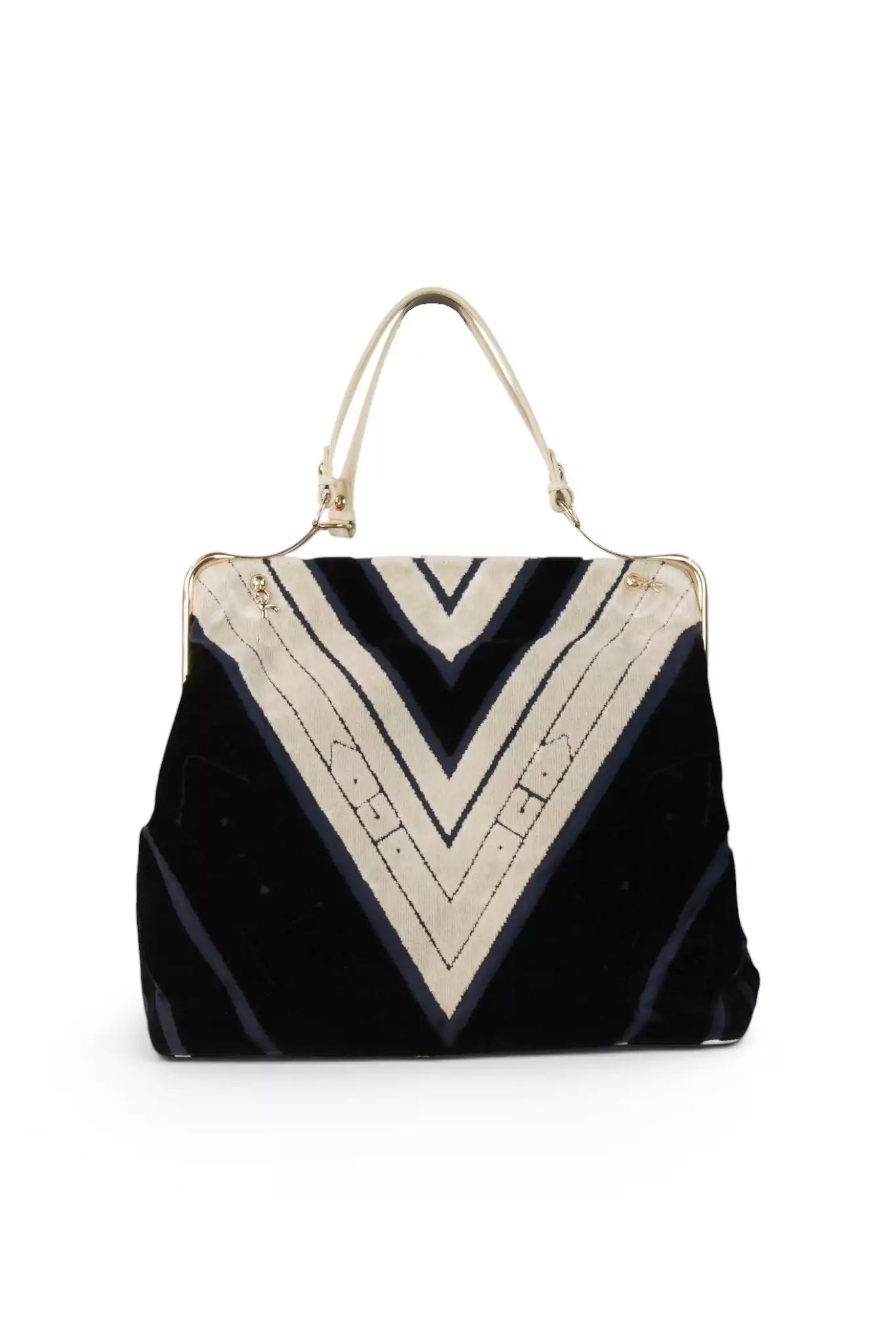 Velvet Chevron Frame Bag in Navy & Ivory