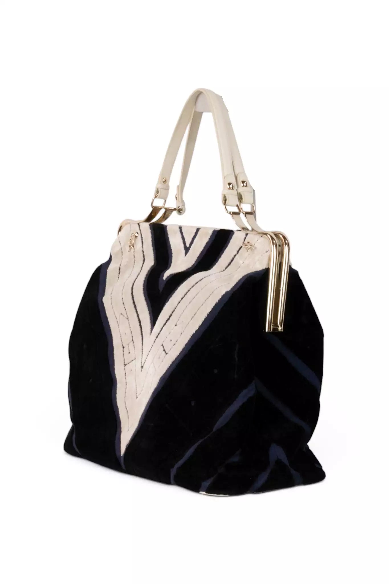 Velvet Chevron Frame Bag in Navy & Ivory