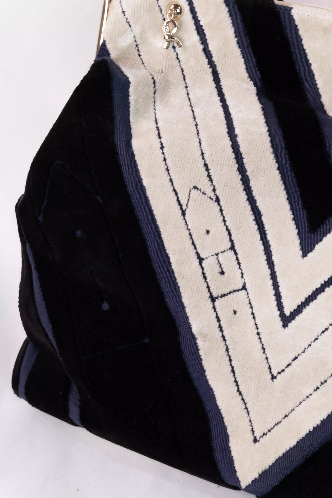 Velvet Chevron Frame Bag in Navy & Ivory
