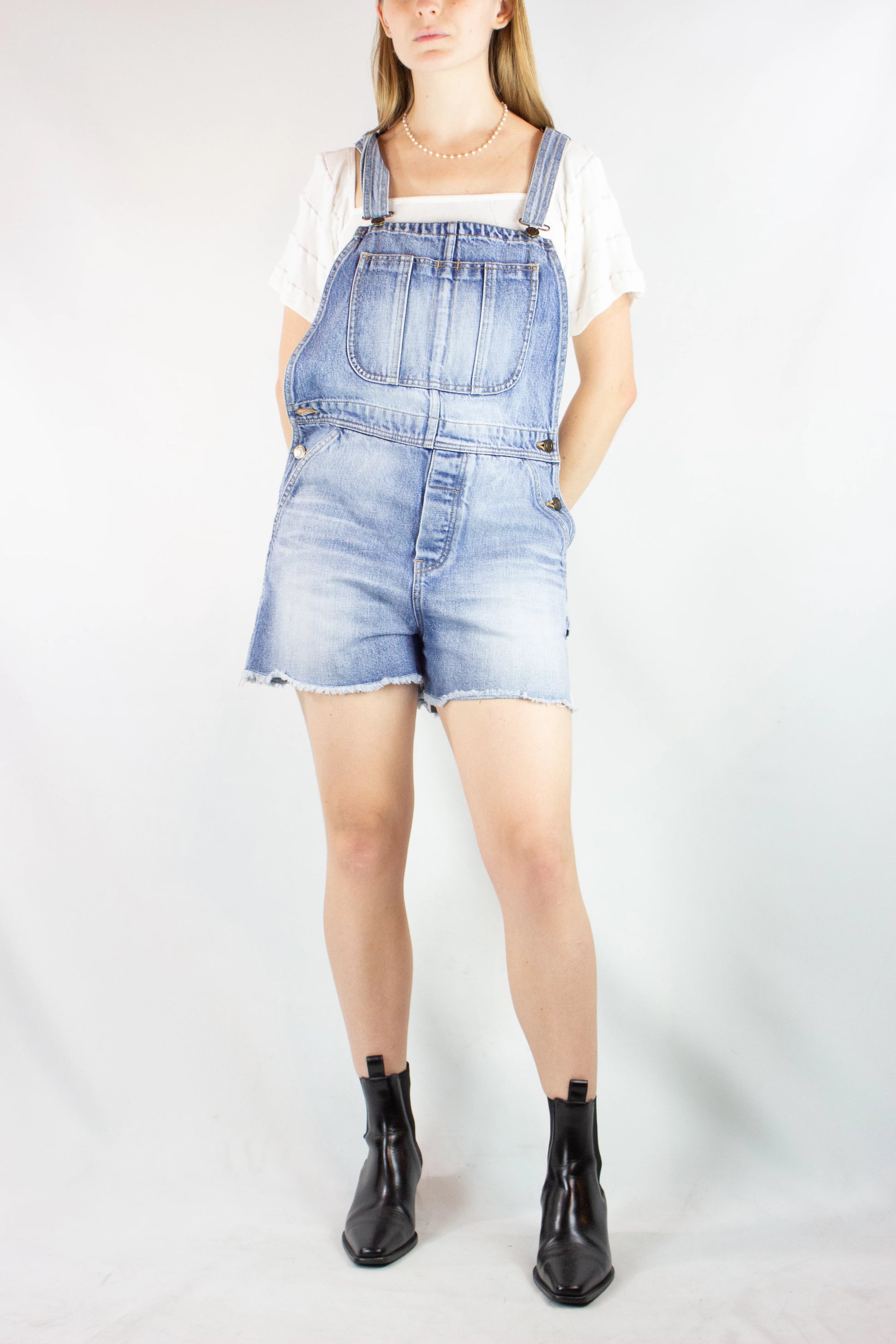 Denim Short Salopette with Front Pocket