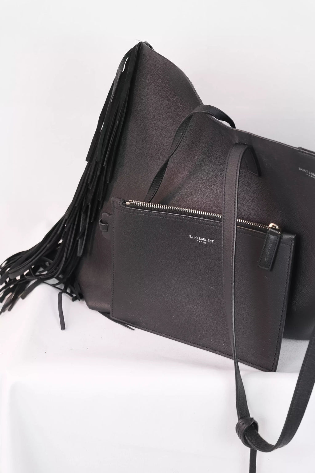 Large Fringe Leather Tote Bag in Black