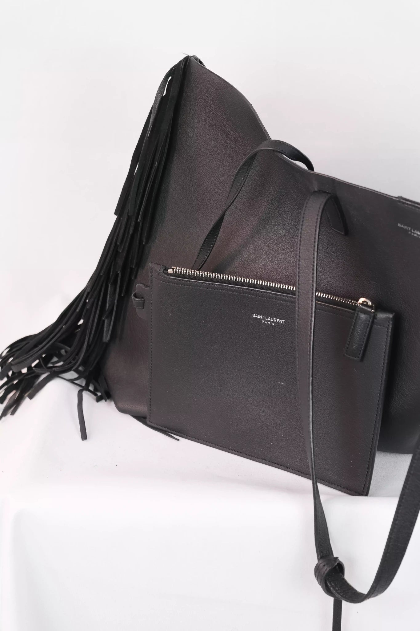 Large Fringe Leather Tote Bag in Black