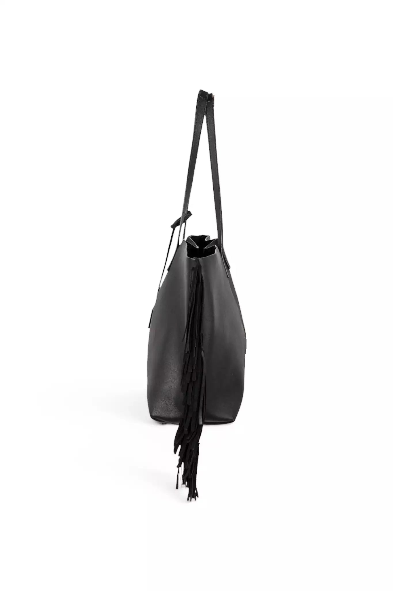 Large Fringe Leather Tote Bag in Black