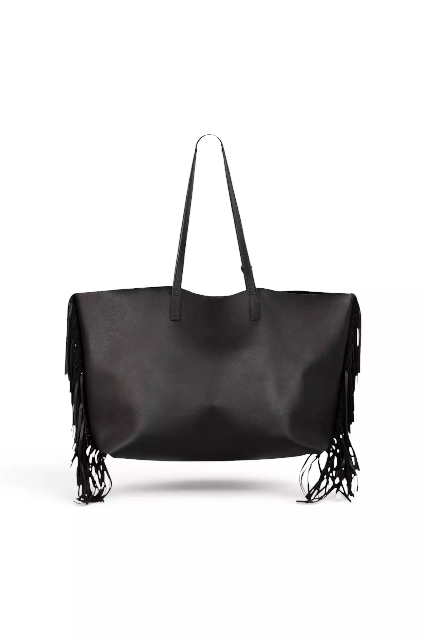 Large Fringe Leather Tote Bag in Black