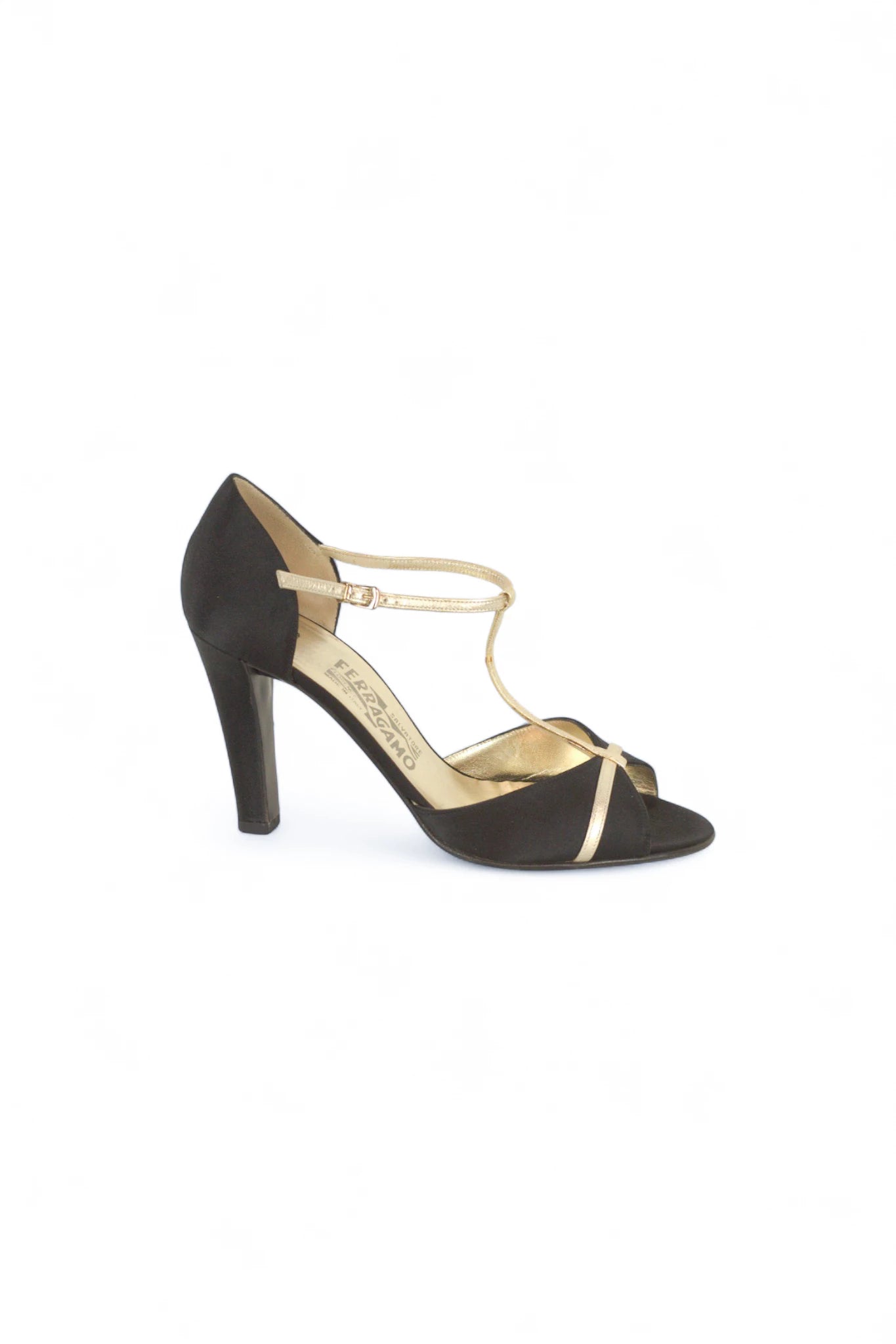 Satin Heeled Sandals with Gold T-Bar Detail