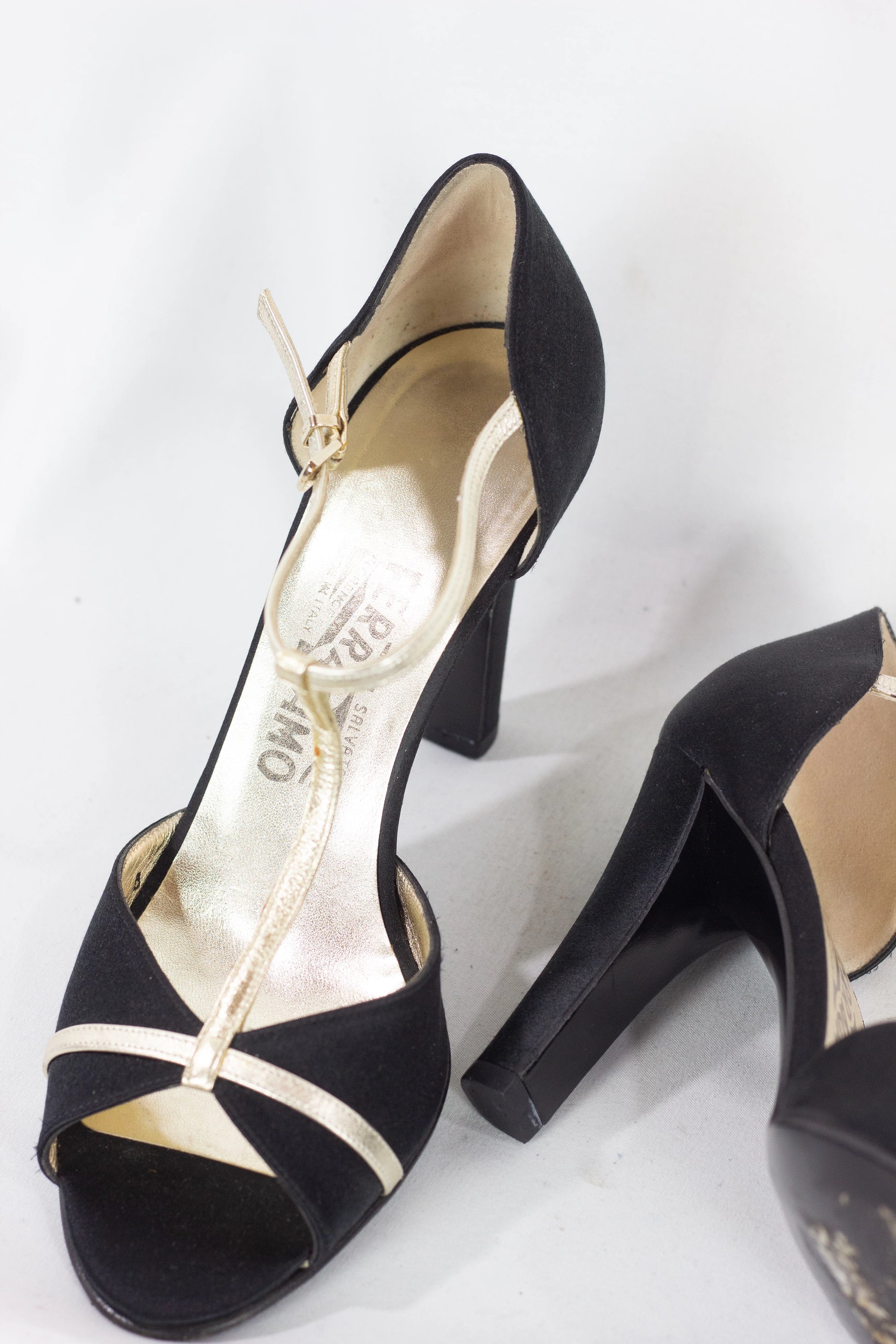 Satin Heeled Sandals with Gold T-Bar Detail