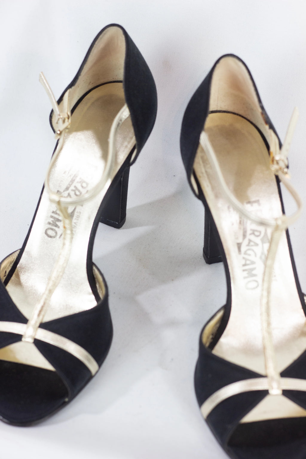 Satin Heeled Sandals with Gold T-Bar Detail