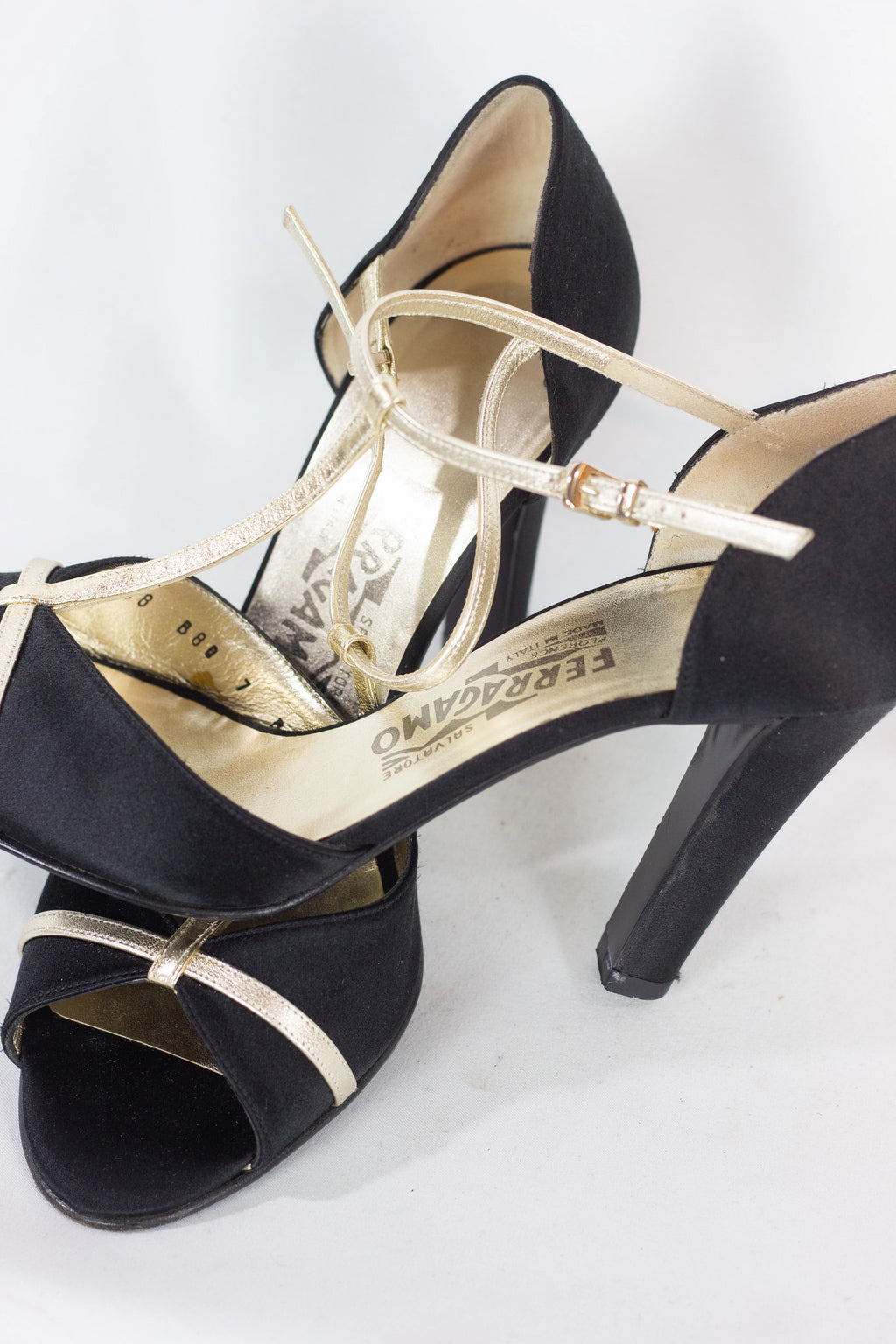 Satin Heeled Sandals with Gold T-Bar Detail