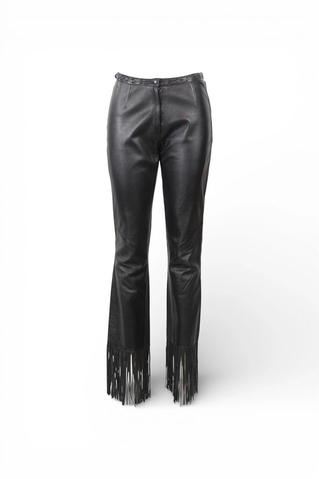 Black Leather Trousers with Fringed Hem