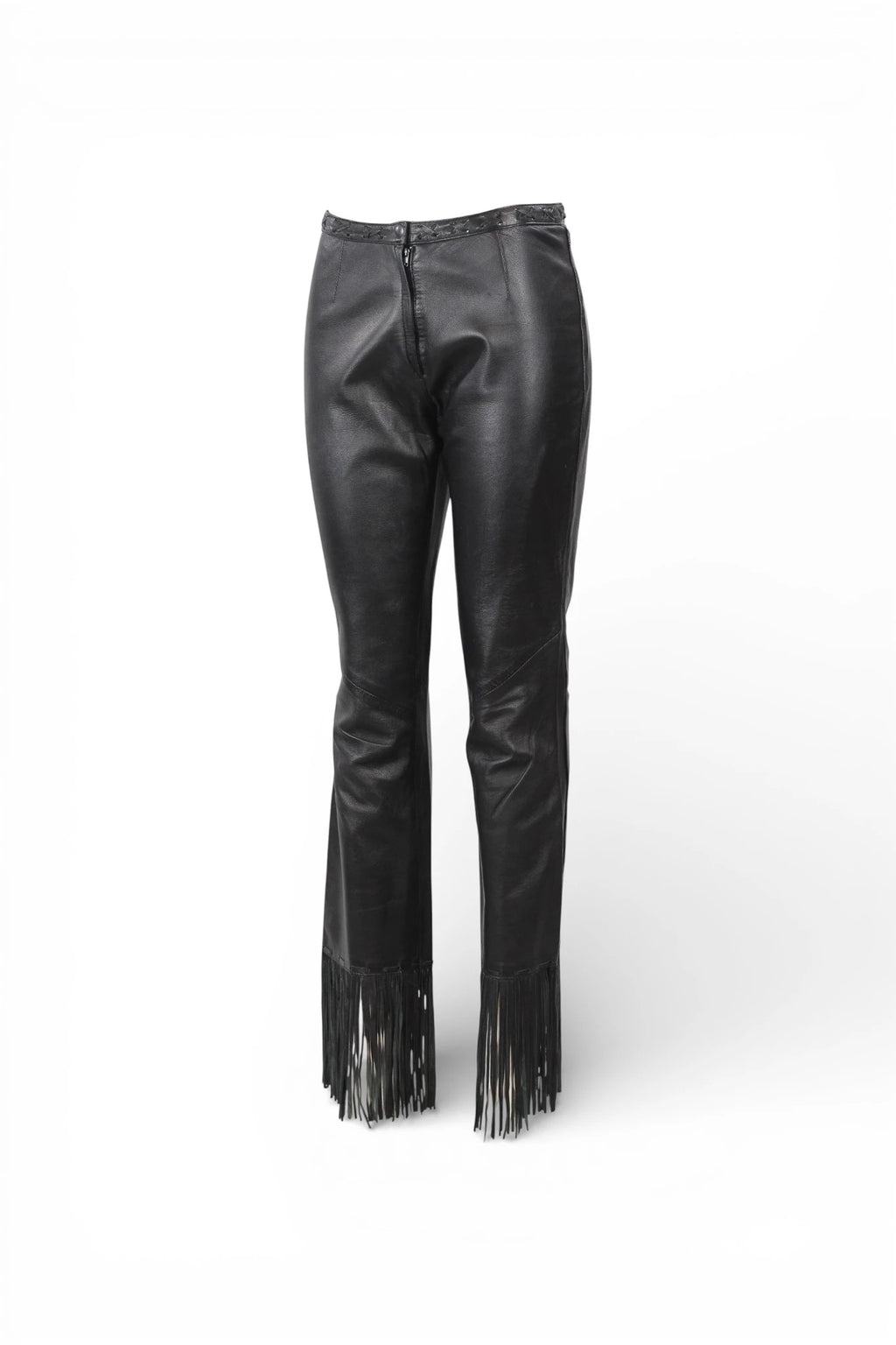 Black Leather Trousers with Fringed Hem