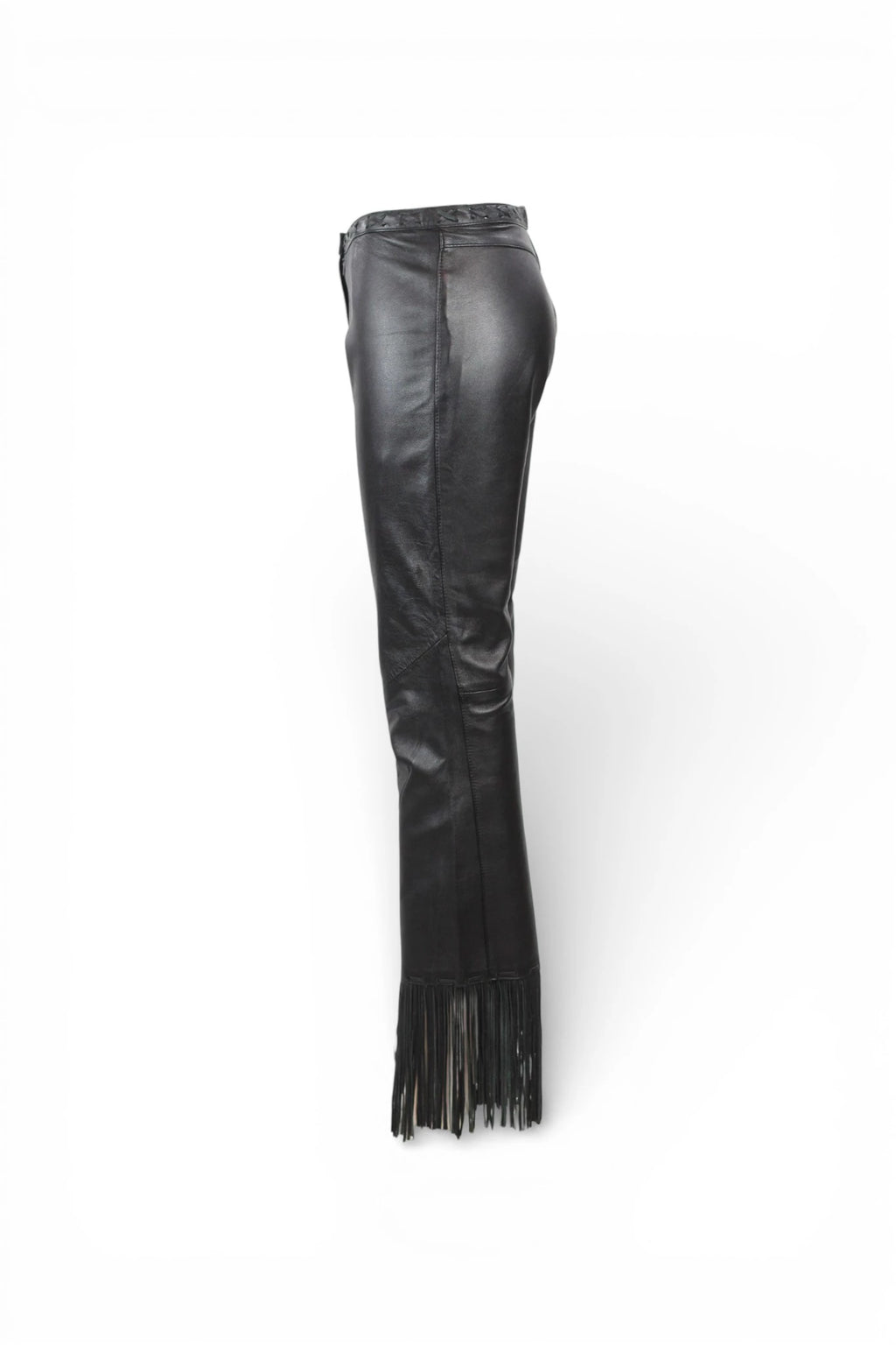 Black Leather Trousers with Fringed Hem