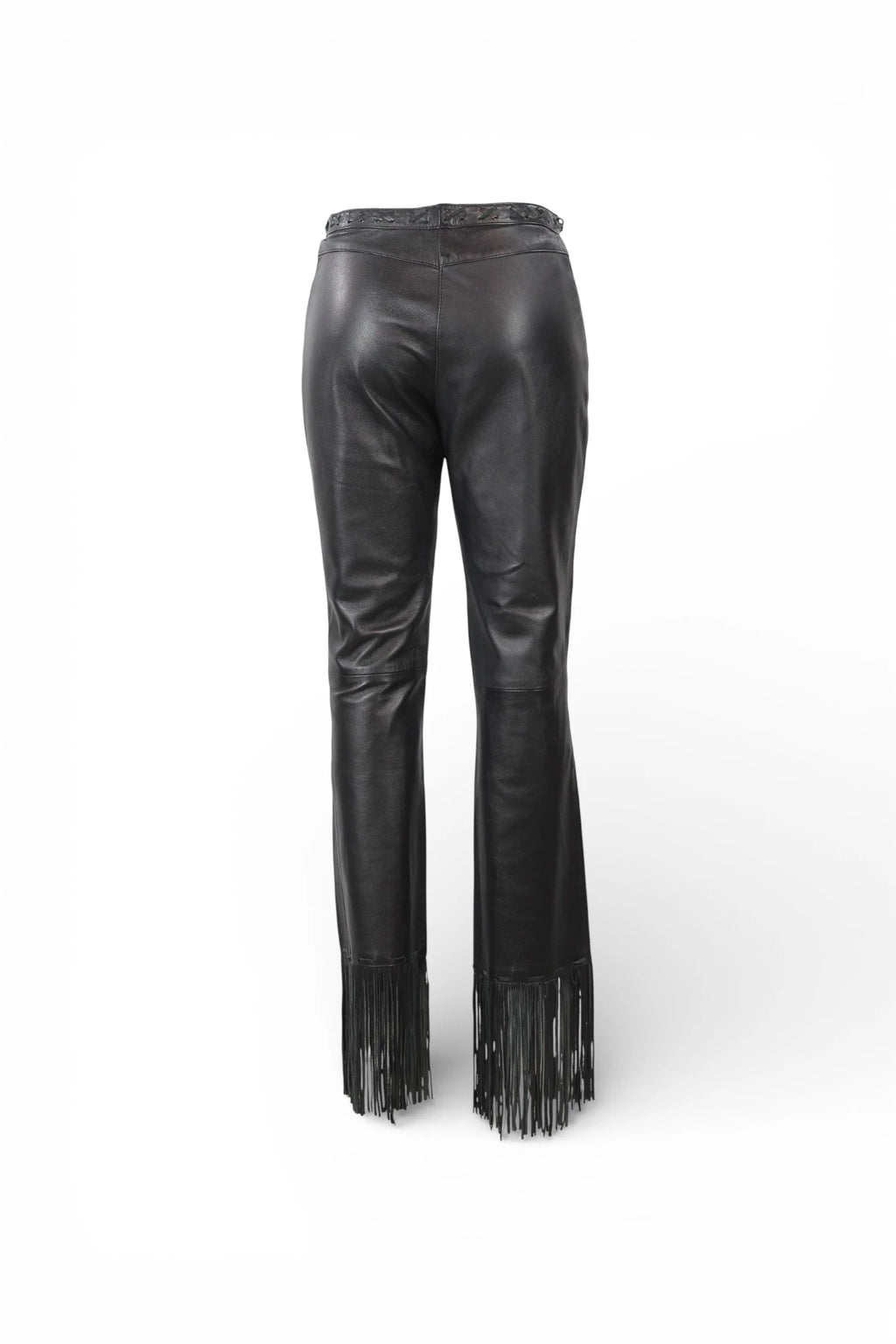 Black Leather Trousers with Fringed Hem