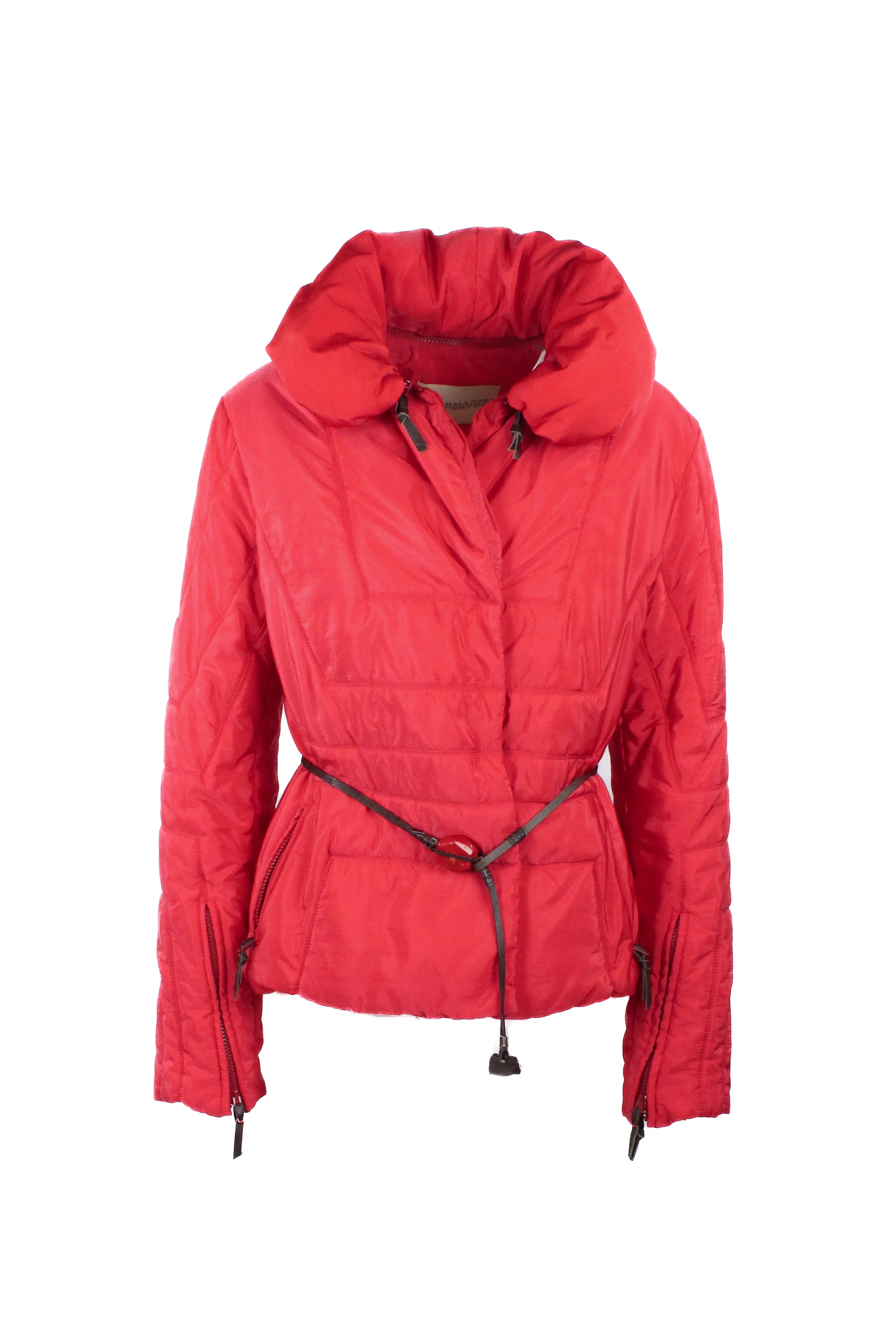 Red Down Jacket with Leather Belt