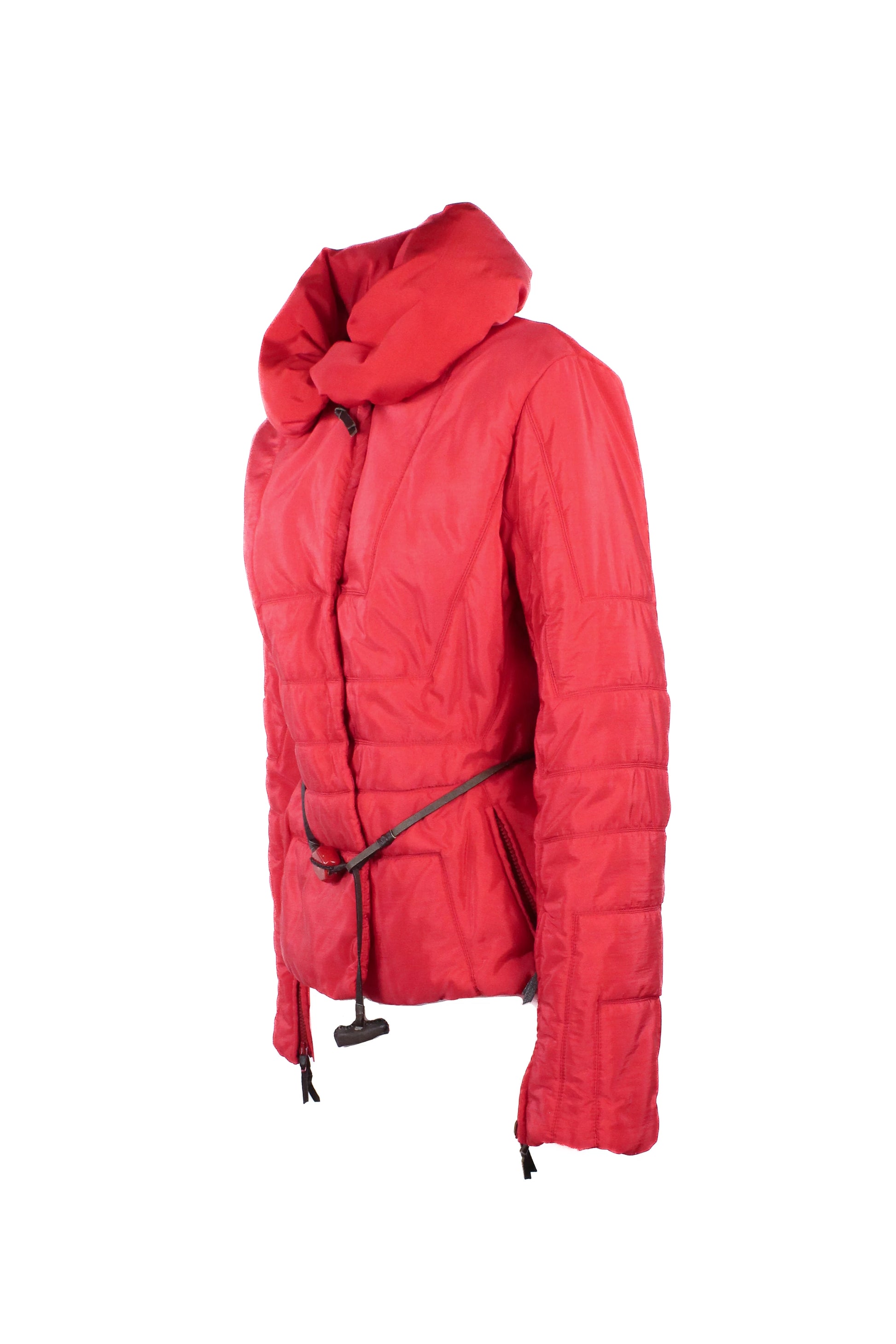 Red Down Jacket with Leather Belt