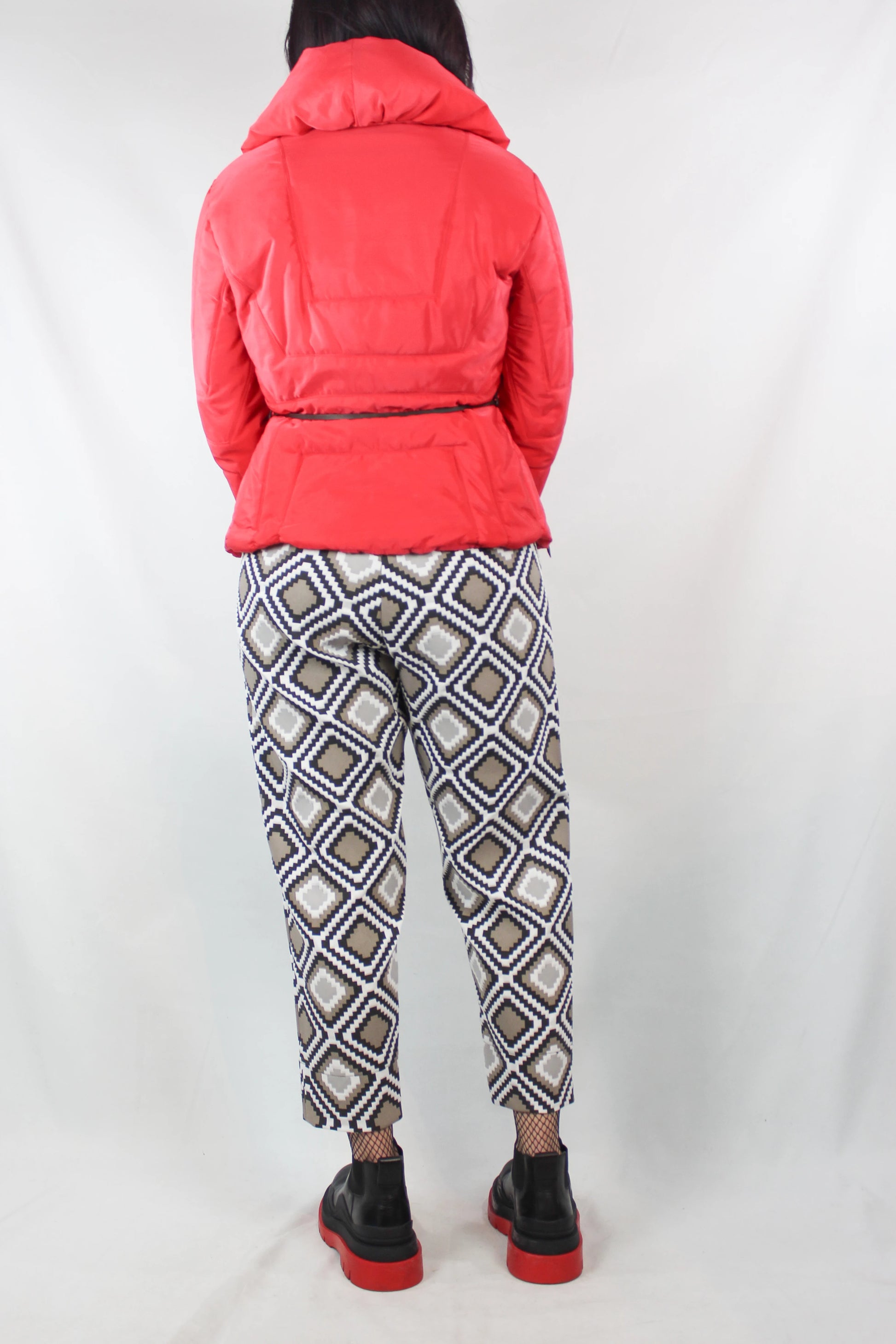Red Down Jacket with Leather Belt
