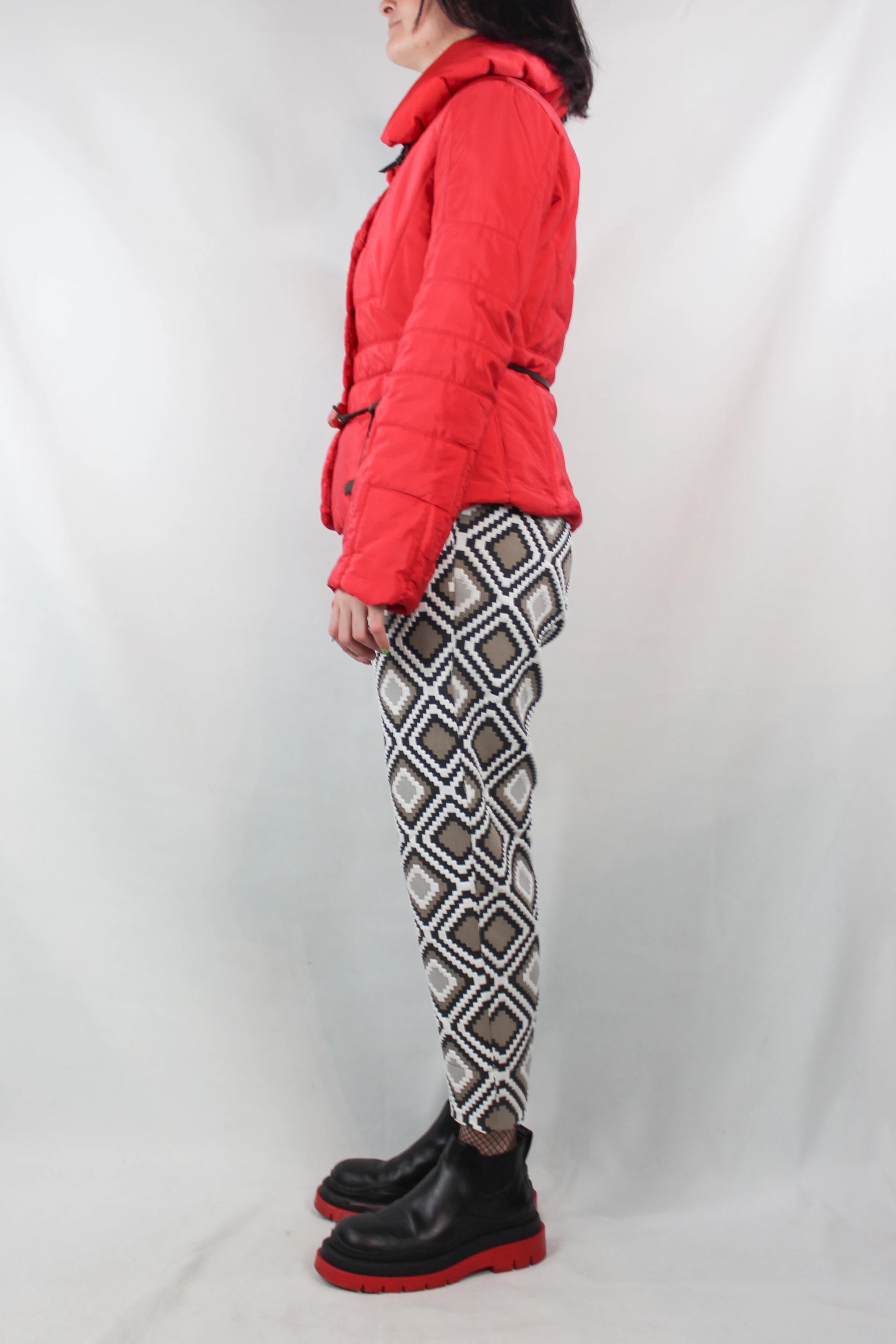 Red Down Jacket with Leather Belt