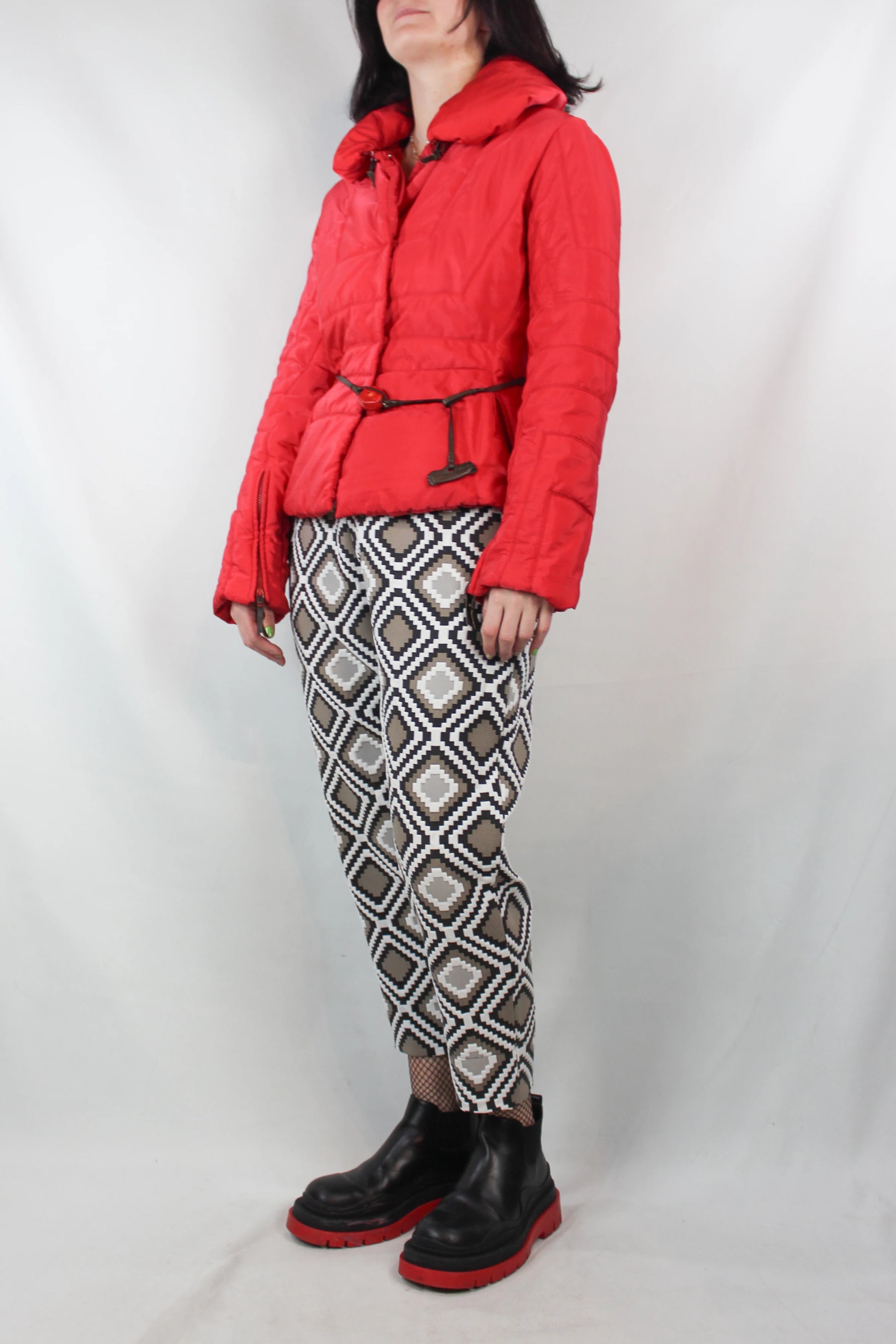 Red Down Jacket with Leather Belt