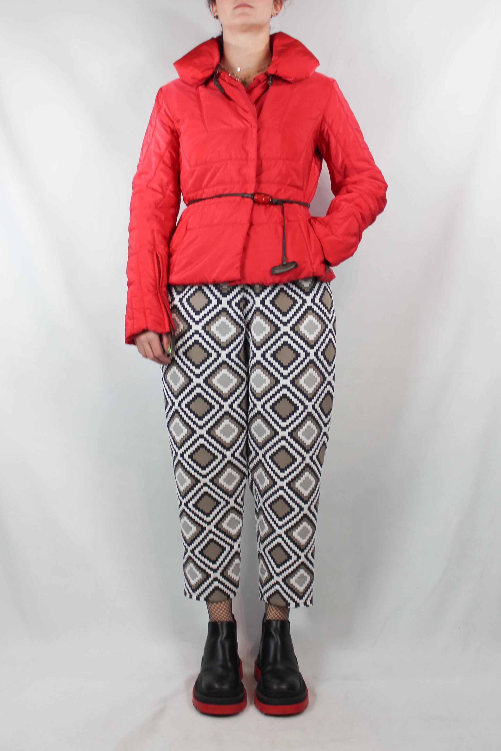 Red Down Jacket with Leather Belt