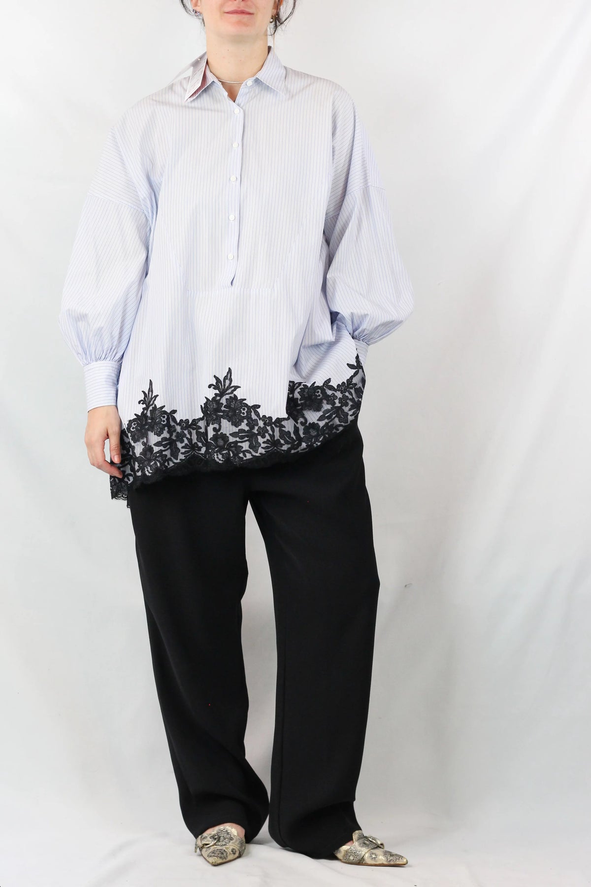 Oversized Striped Lace Hem Cotton Shirt