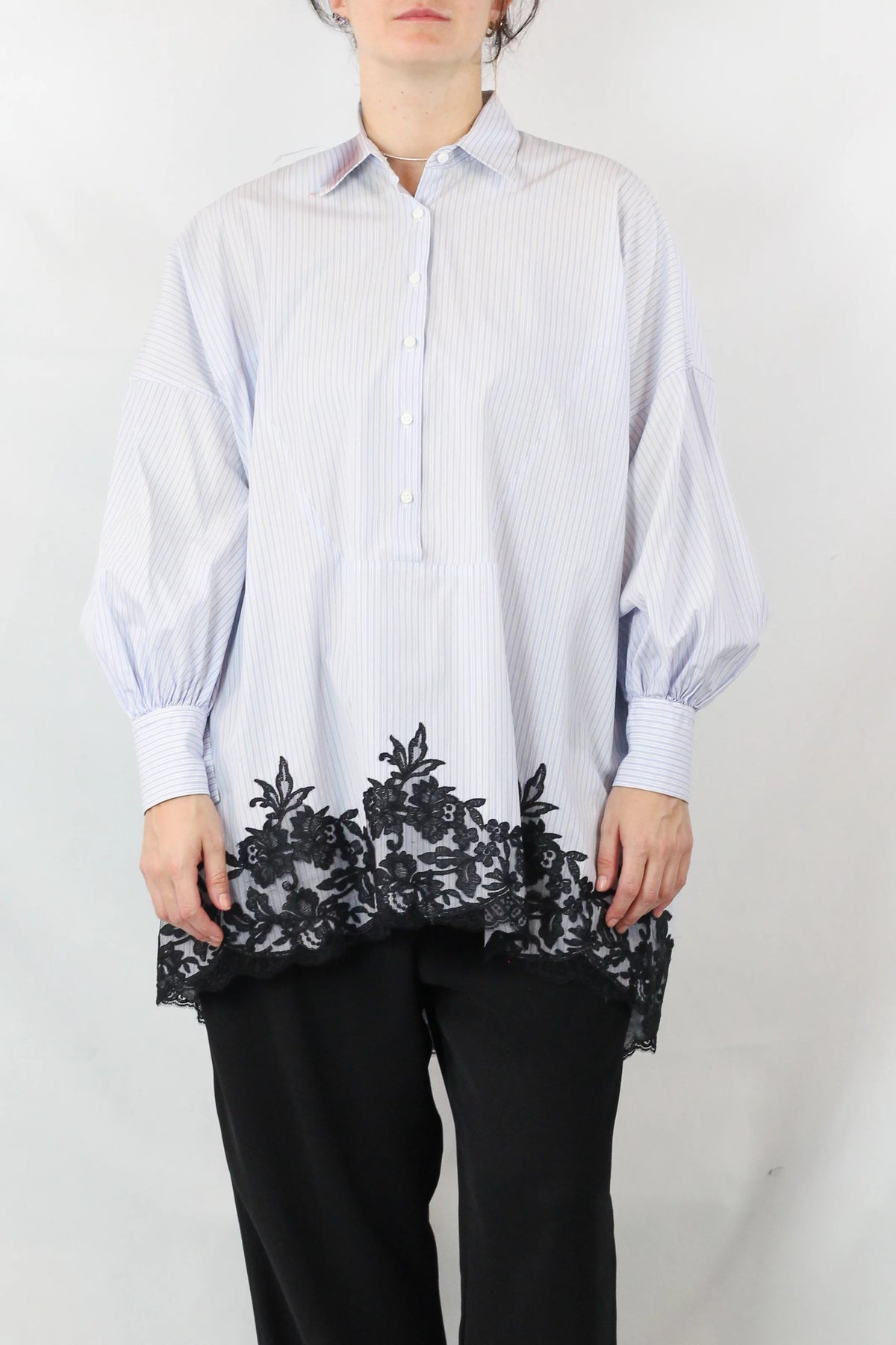 Oversized Striped Lace Hem Cotton Shirt