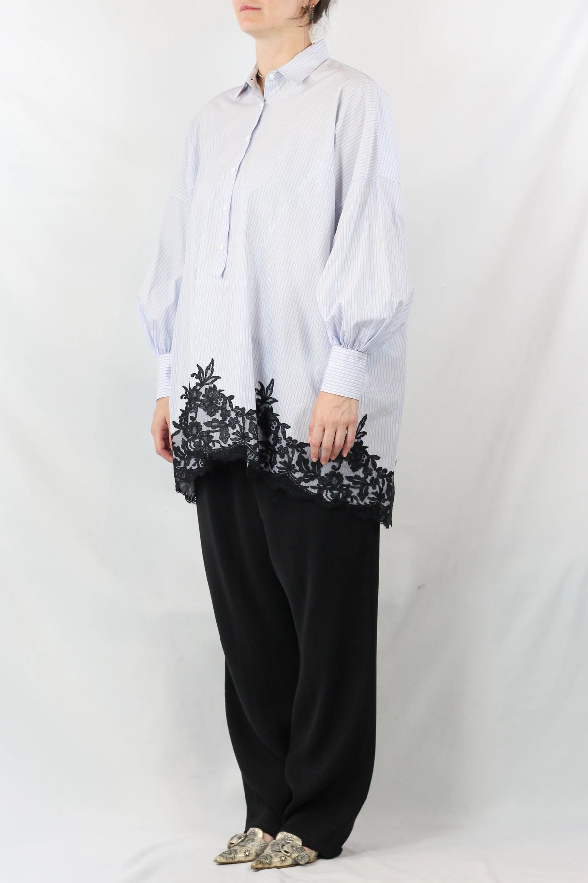 Oversized Striped Lace Hem Cotton Shirt