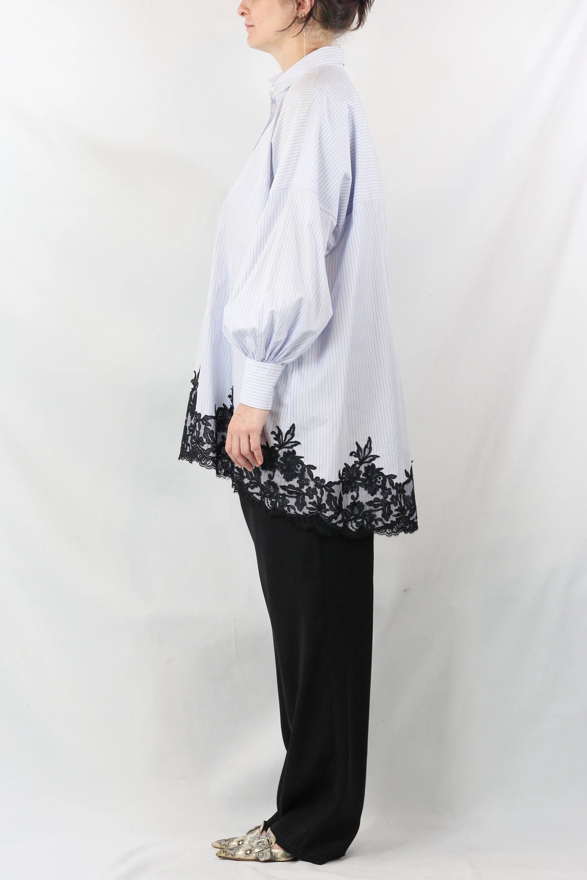 Oversized Striped Lace Hem Cotton Shirt