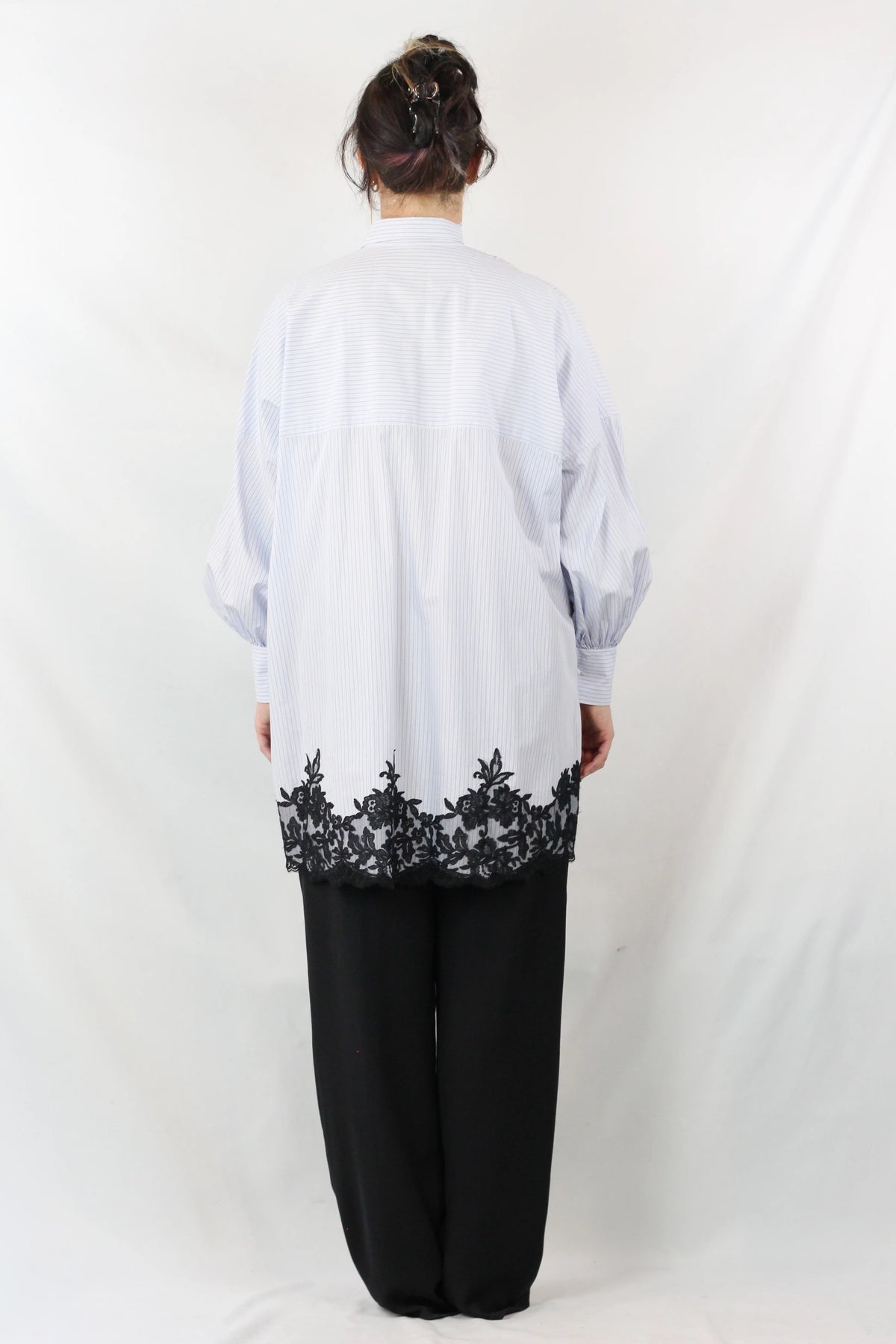 Oversized Striped Lace Hem Cotton Shirt