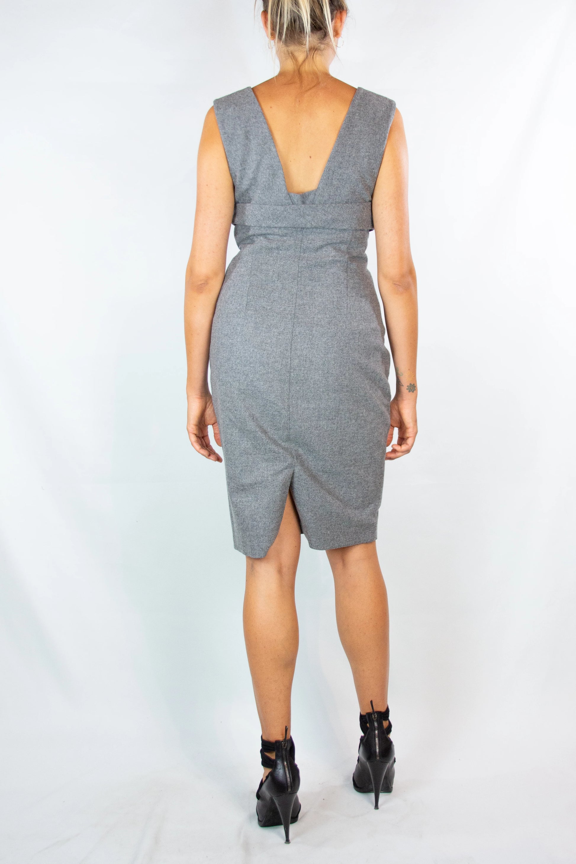 Wool Midi Dress with V-Neckline and Ribbon Detail